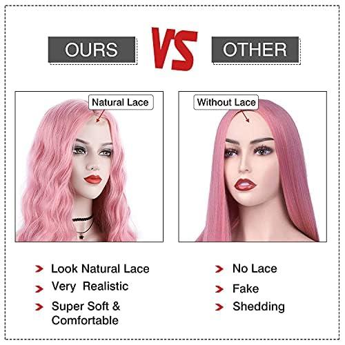 Igrina Igrina Pink Wig for Women Deep Wave 29 Inches Long Wavy Ginger Wig Water Wave Middle Part Curly Synthetic Lace Wig For Cosplay Daily Use(Pink)