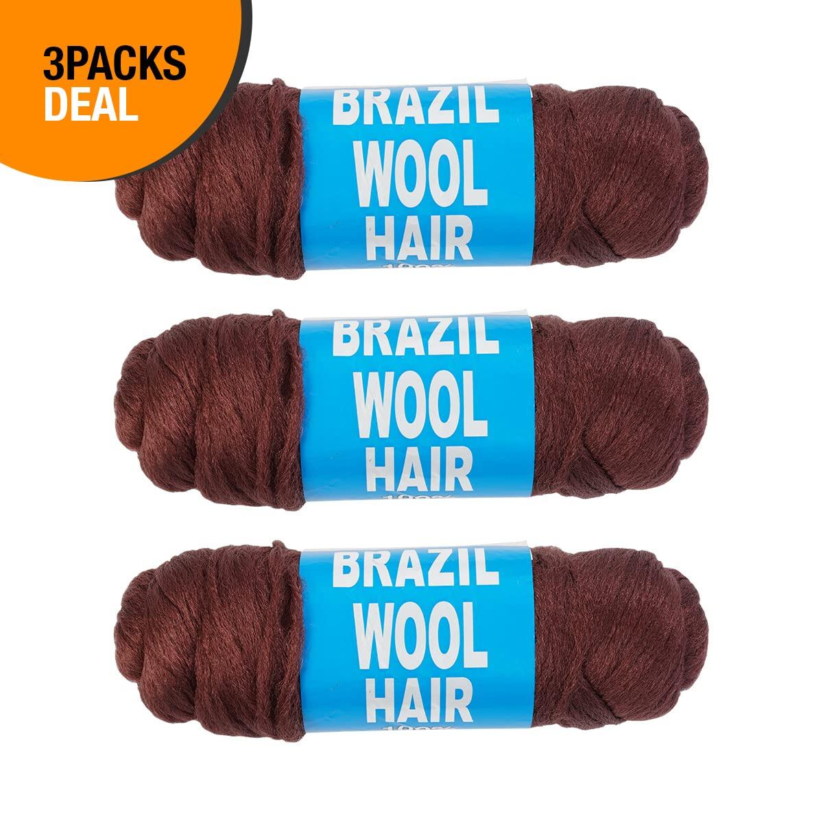 AU-THEN-TIC Brazilian Yarn Wool Hair for Braids Braiding Hair with 100% Acrylic Brazilian Wool Hair for African Crochet Braided Hair Senegalese Twist Box Braids Faux Locs with Yarn Hair (3 Pack, REDDISH BROWN)