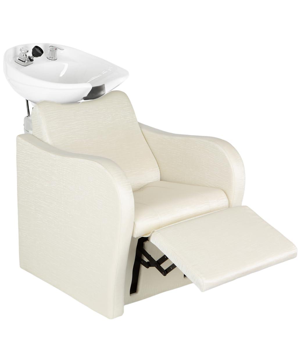 Buy-Rite Salon & Spa Equipment Buy-Rite Lexus Backwash Unit - Salon Shampoo Chair & Tilting Porcelain Shampoo Bowl, European Style Single Handle Faucet, Extra Wide Seat and Kick-Out Leg Rest, TS-8018B (White Zebra)