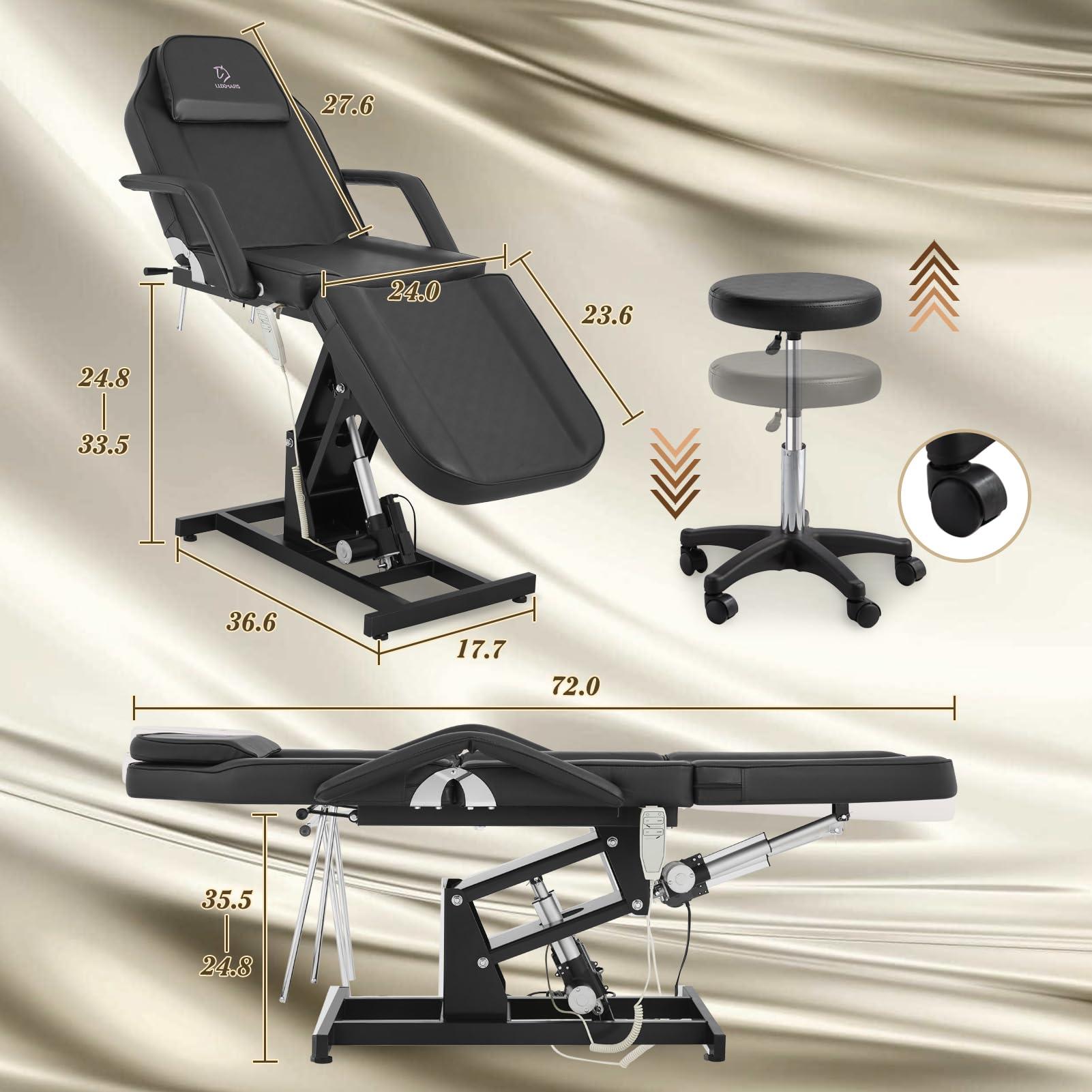 LUXMARS LUXMARS Facial Chair Electric Height Adjustable Tattoo Chair Electric Adjustable Angle Lash Bed with Hydraulic Stool for Eyelash Extensions Massage Chair Black