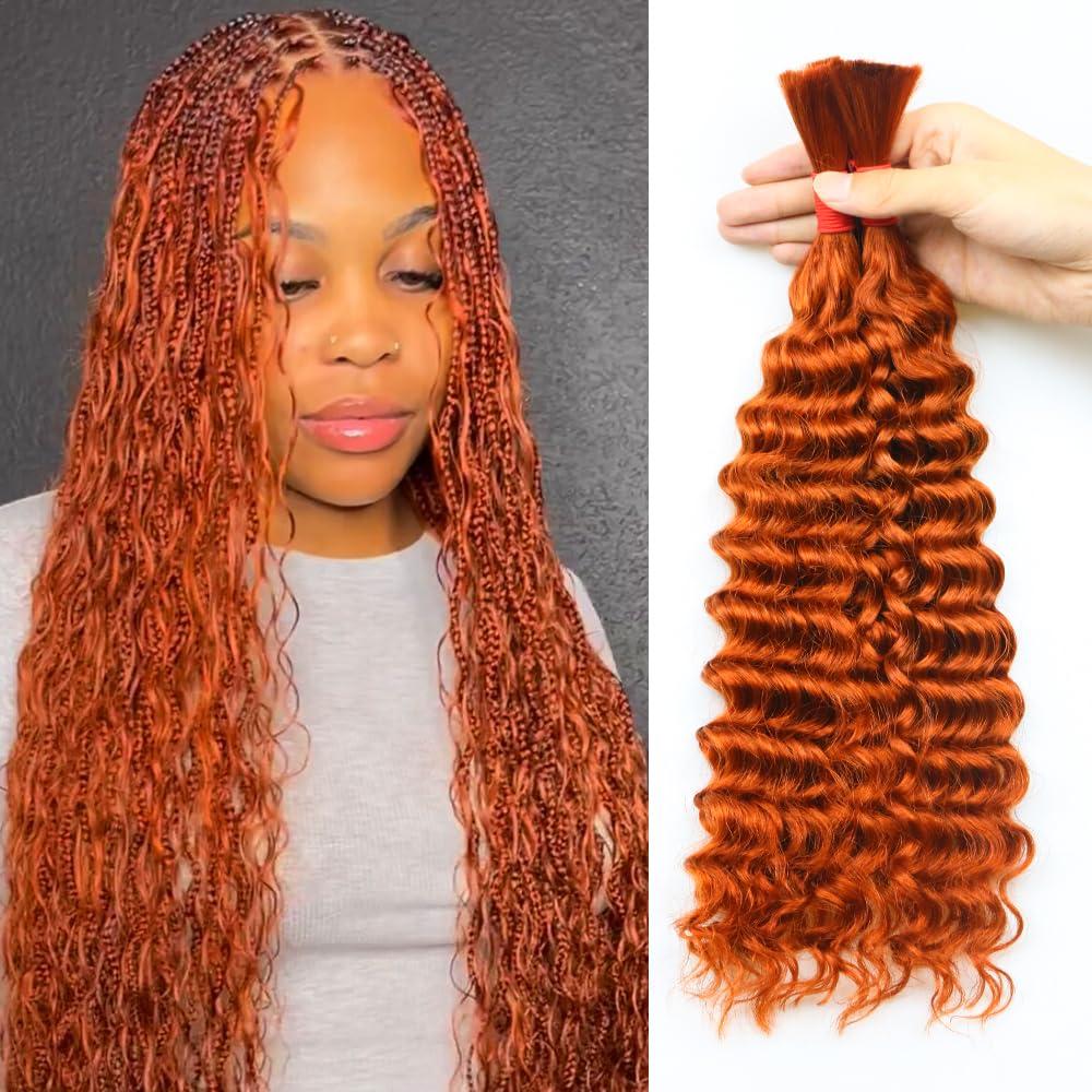 Shining Girl Deep Wave Bulk Human Hair for Braiding No Weft 100 g (1 Pack-2 Bundles) 100% Unprocessed Brazilian Virgin Human Hair Bulk Human Braiding Hair For BOHO Braids Curly Deep Bulk 18 inch Ginger Orange #350