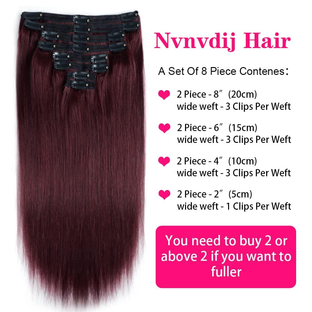 Nvnvdij Burgundy Red Hair Extensions Clip in Human Hair Double Weft Clip in Hair Extensions Red Wine Clip in Extensions Human Hair Full Head #99J (22 Inch #99J)