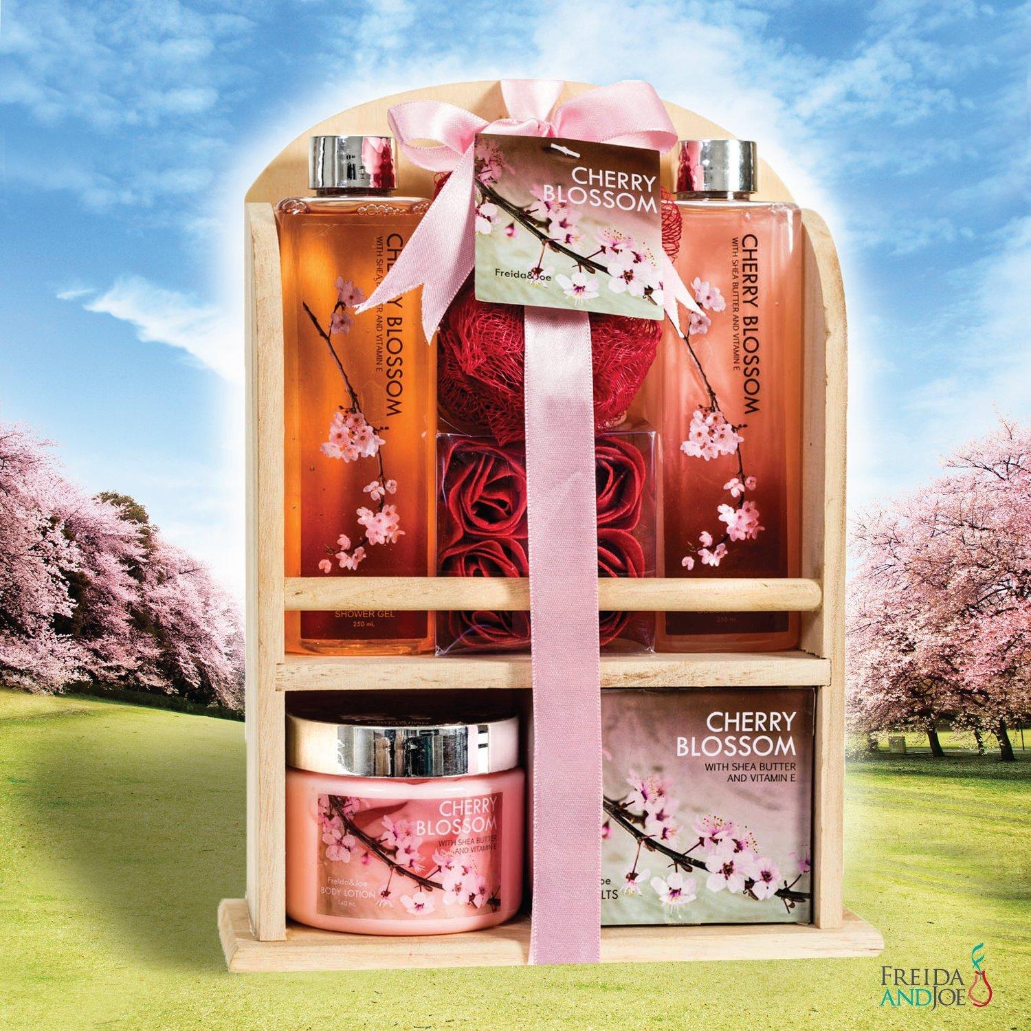 Freida and Joe Deluxe Cherry Blossom Spa Basket - Home Spa Set with Bubble Bath, Bath Salts, Body Lotion, Bath Puff, and Rose Soaps in Wooden Curio Valentines Gift for Women