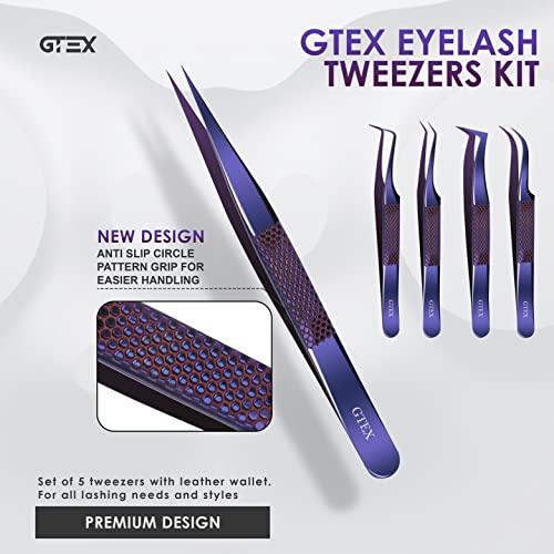 GTEX GTEX Lash Tweezers For Eyelash Extensions Tweezers, Circle Grip - Japanese Steel - Professional Eyelash Tweezers For Extensions, 5 Pack - Purple