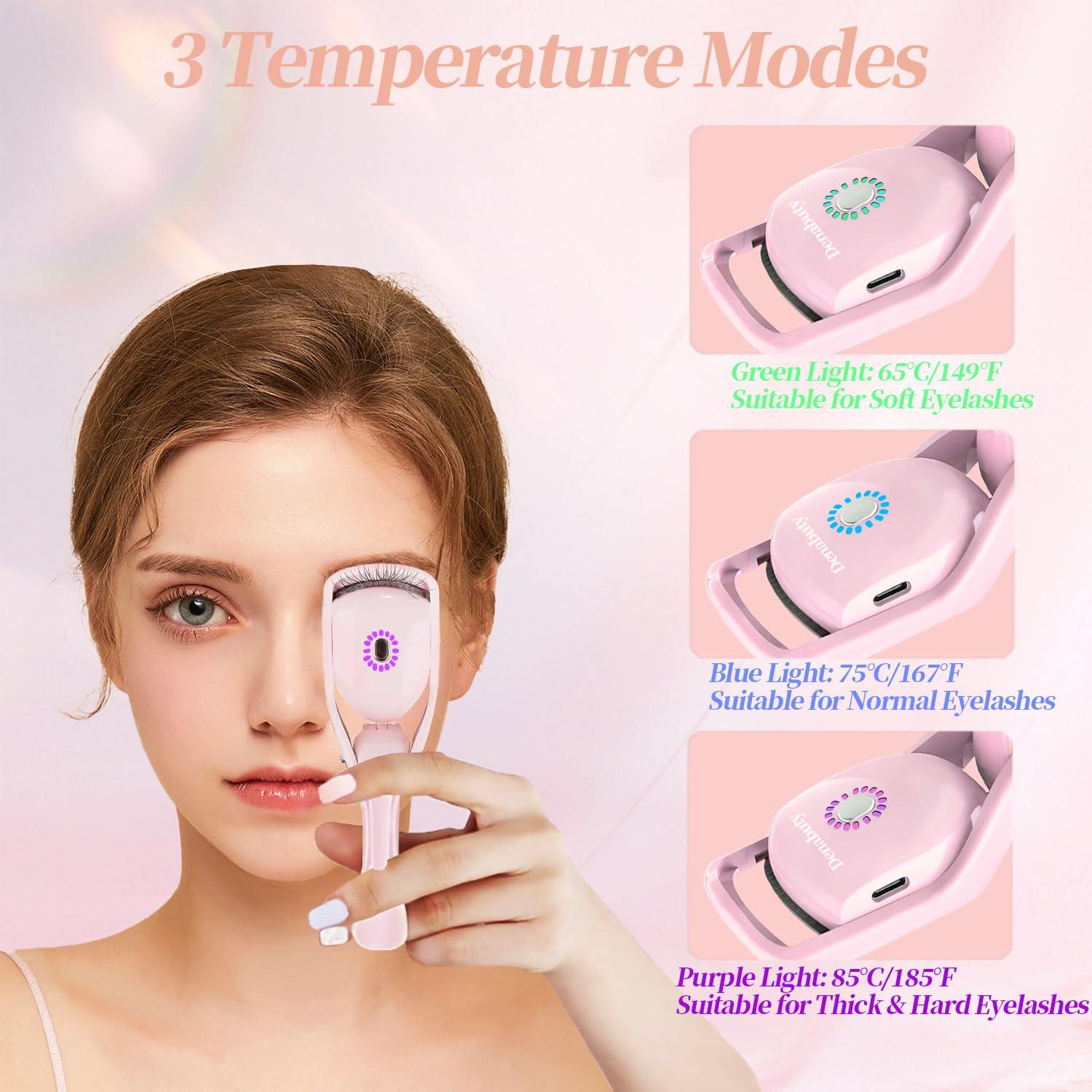 Denabuty Denabuty Heated Eyelash Curlers, Rapid Heated Lash Curler Electric Quick Natural Curling for Long Lasting with Sensing Heating Silicone Pad, 3 Tempreture Setting & USB Rechargeable, Pink