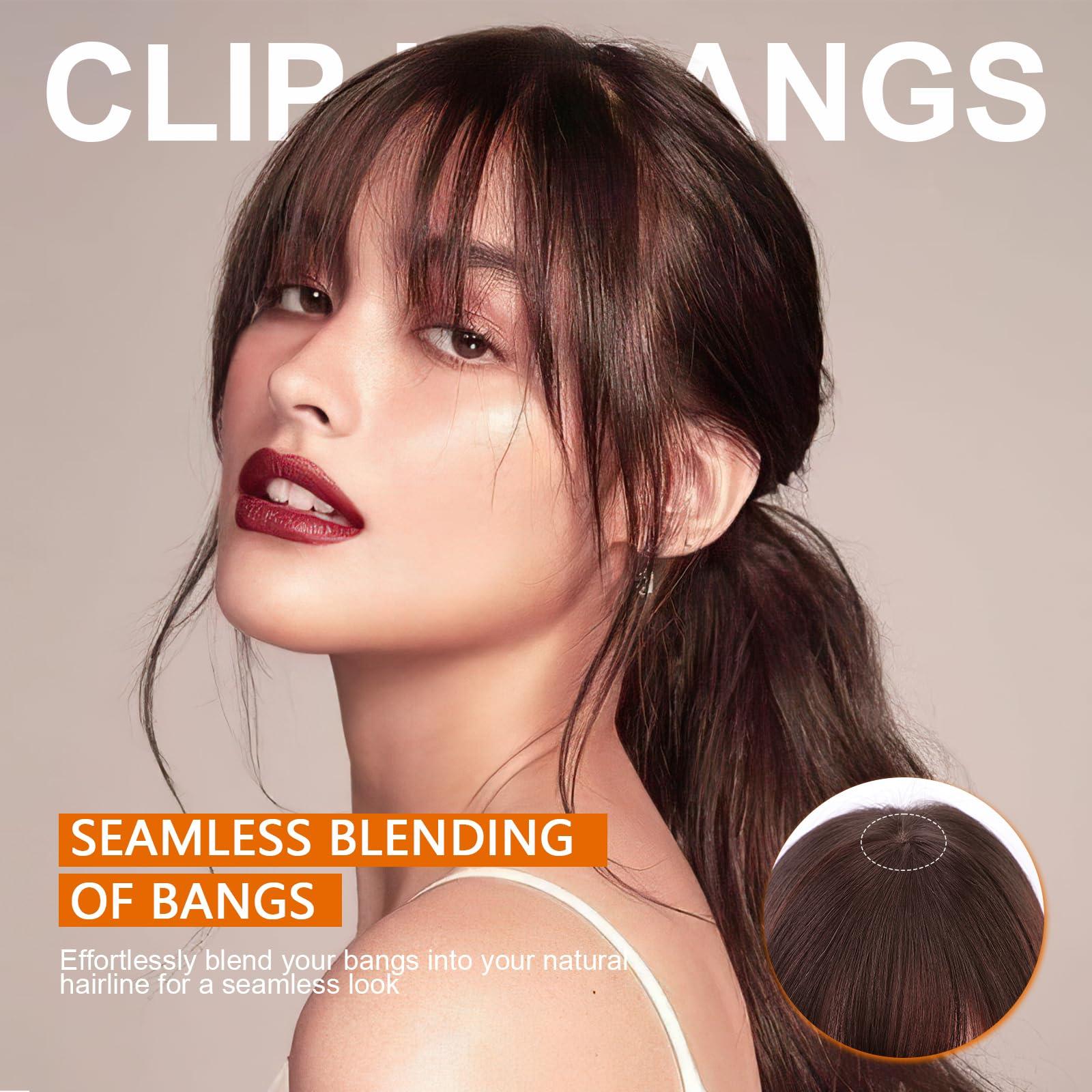 QGZ QGZ Clip in Bangs-Fake Bangs Hair Clip Fringe with Temples Hairpieces 100% Real Human Hair Extensions Curved Clip On Bangs for Women(Dark Auburn Brown Air Bangs)