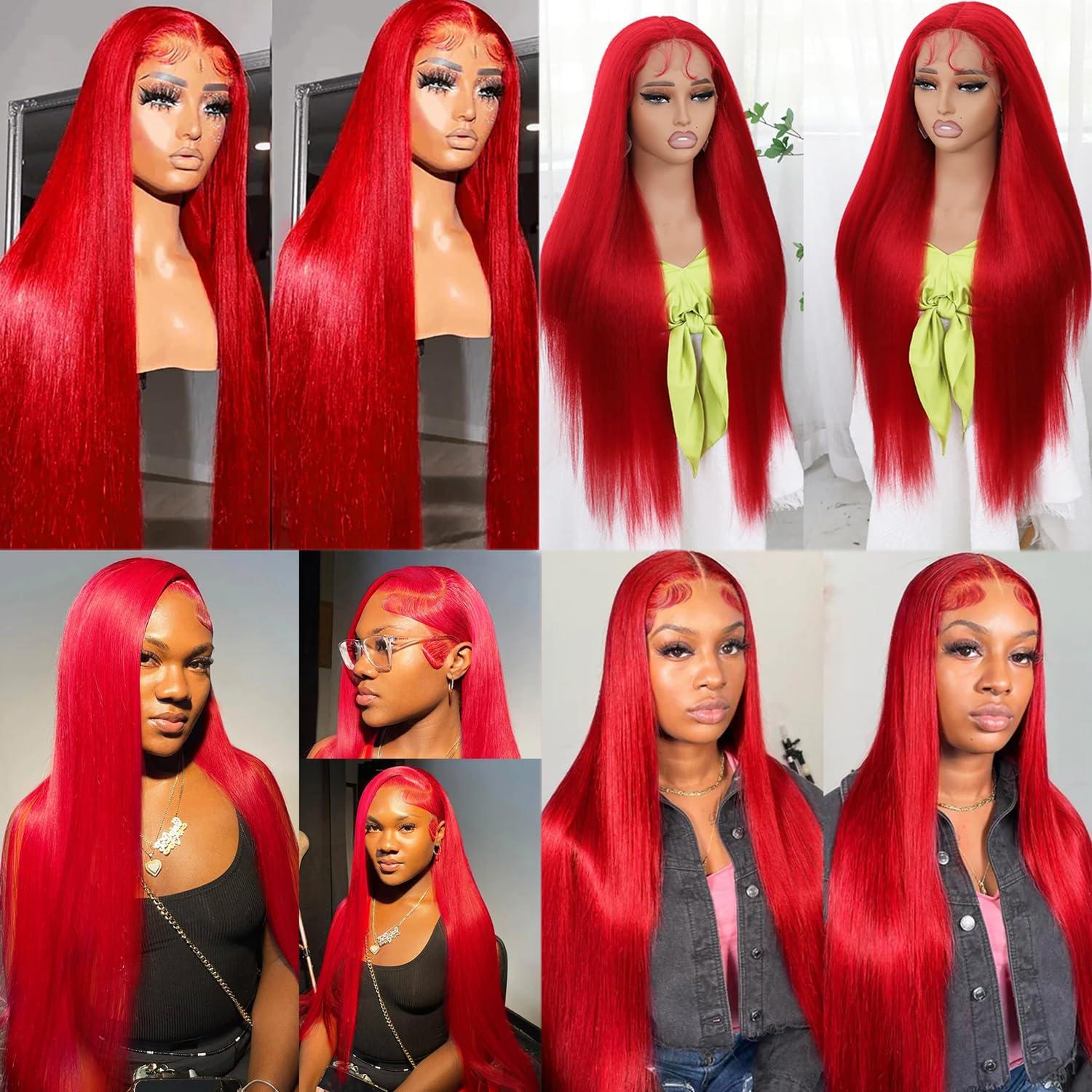 Benafee Red Lace Front Wigs Human Hair 24 Inch 13x4 Colored Red Human Hair Wig 13x4 HD Transparent Lace Frontal Wigs Human Hair Long 180% Density Glueless Wigs Remy Human Hair Straight Red Wig Human Hair