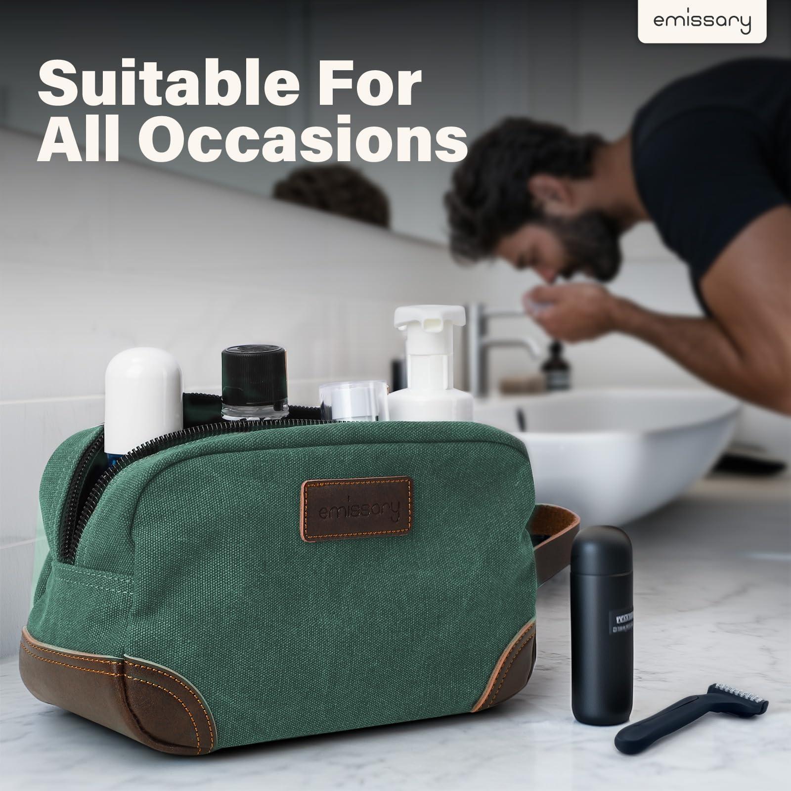 emissary emissary Men's Toiletry Bag, Leather and Canvas Travel Toiletry Bag, Dopp Kit for Men, Travel Bathroom Bag Men's Shaving Kit, Travel Kit Small Bags for Men, Shaving Bag for Travel Accessories (Green)