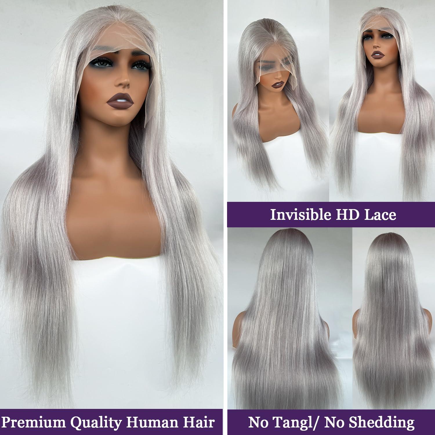 Ubetta Silver Grey Lace Front Wigs Human Hair, 20 Inch 13x6 Grey Wig Human Hair Pre Plucked Glueless HD Lace Front Grey Wigs for Black Women 180% Density Straight Human Hair Lace Front Wigs Colored Grey