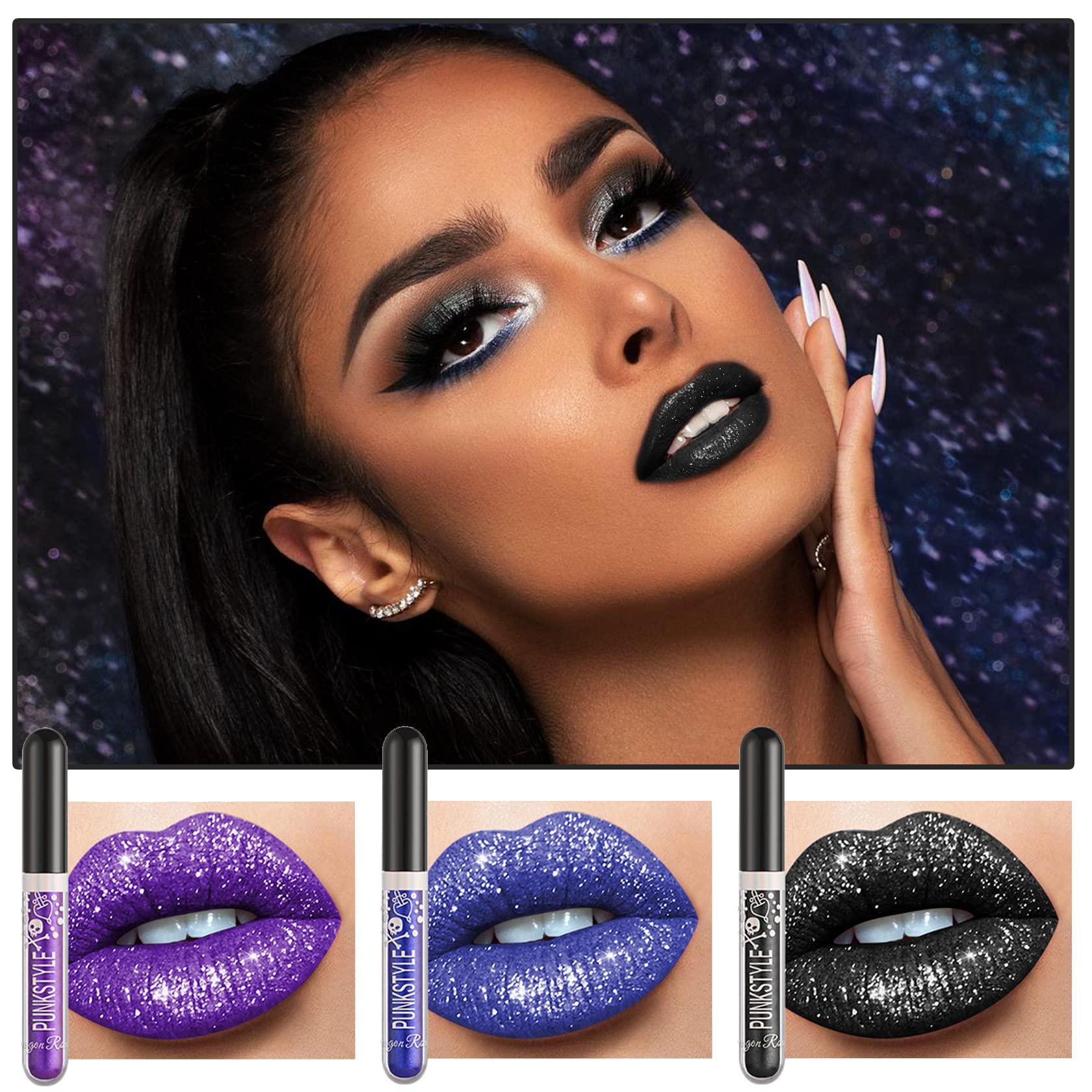 NVLEPTAP 3PCS Black Blue Purple Liquid Glitter Lipstick Glitter Lip Gloss Set,Diamond Shimmer Matte Lipstick Set Long Lasting High Pigment Glitter Lip Stick Kit Lip Gloss Set Halloween Makeup Gift - Set D