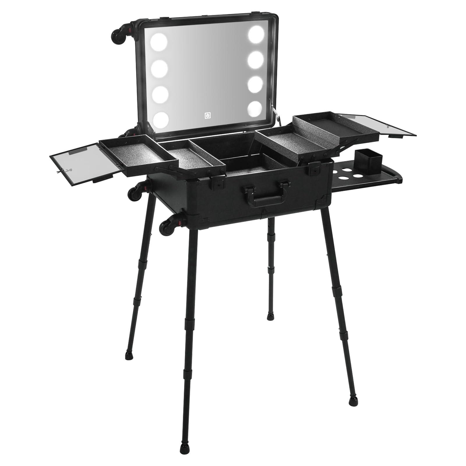 Blisiour Aluminum Trolley Makeup Train Case with 8 Led Light & Stands Rolling Cosmetic Organizer Studio with Mirror & Removable Universal Wheels & Main Case and 4 Compartments (Black)