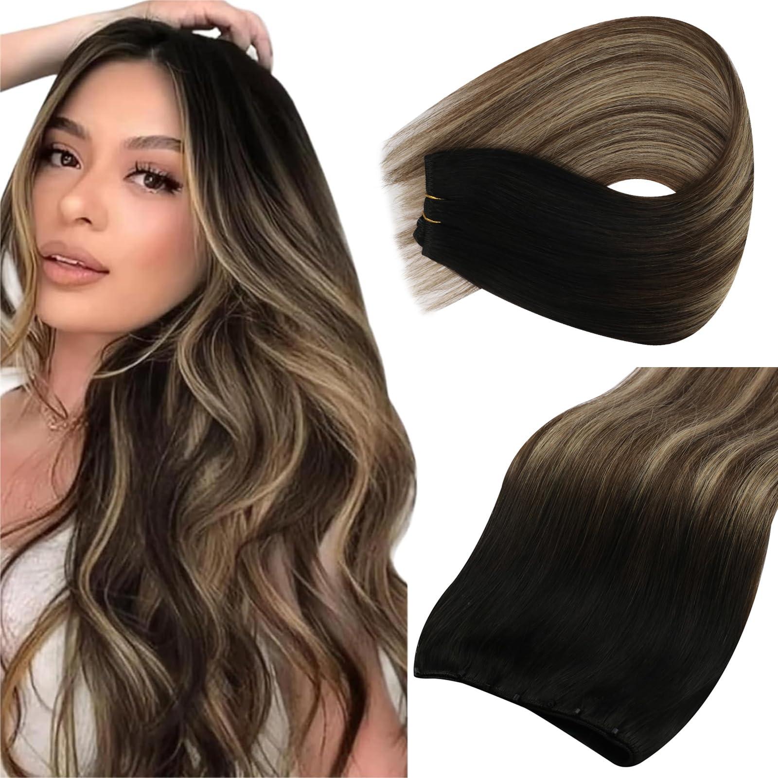 Sunny Hair Sunny Hair Beaded Weft Hair Extensions Human Hair 50G Micro Bead Weft Hair Extensions Real Human Hair Straight Weft Hair Extensions Easy Weft Natural Black to Dark Brown with Caramel Blonde 18inch