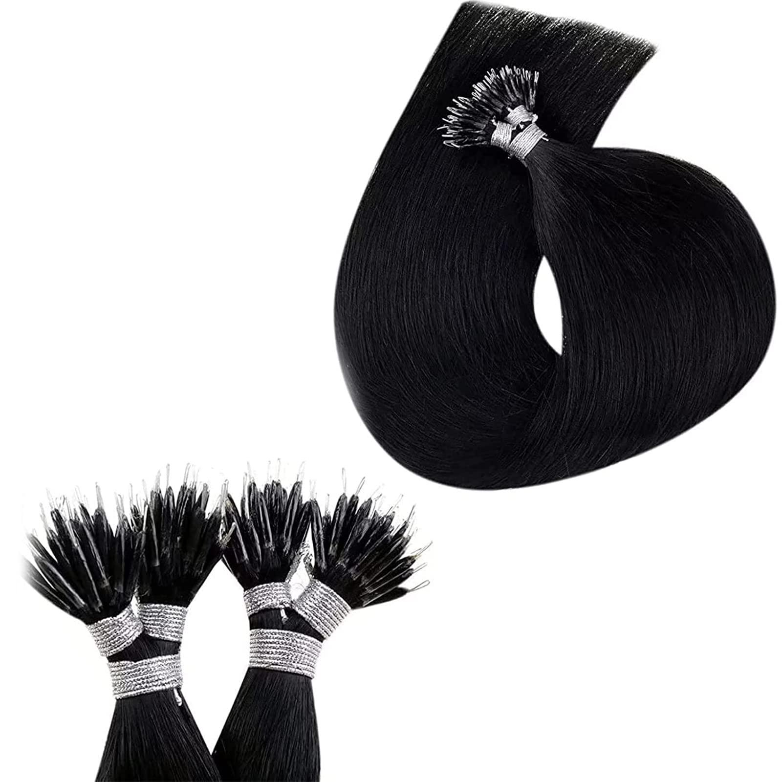 SCIAZA Human Hair Extensions, 8D Nano Beads Pre-Bonded Seamless Hairpieces, No Trace Natural Nano Ring Hairpiece Exteniosns,Jet black,26in