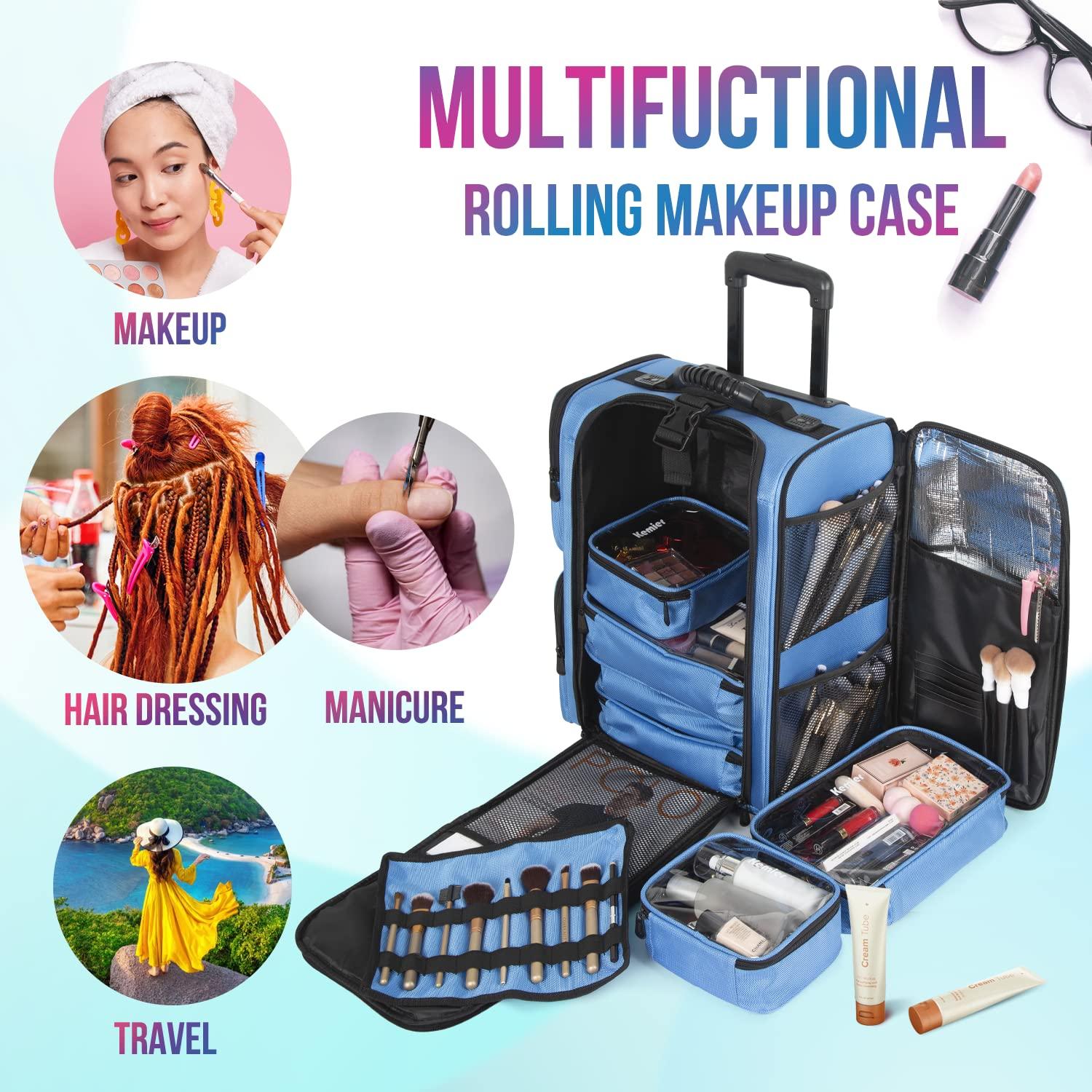 Kemier Kemier Rolling Makeup Train Case - Professional Makeup Travel Case Portable Artist Cosmetic Trolley Soft Side Nylon Large Capacity Organizer Storage bag with Wheels Blue