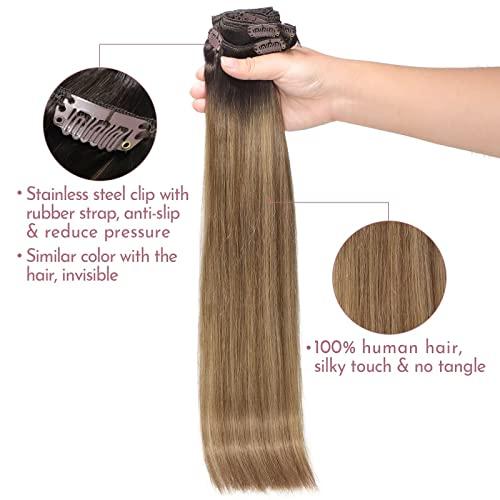affordhair Affordhair Dark Brown to Chestnut Brown Balayage Hair Extensions Clip in, Remy Clip In Hair Extensions Real Human Hair with Blonde Highlights, 20 Inch, 7pcs, 110g
