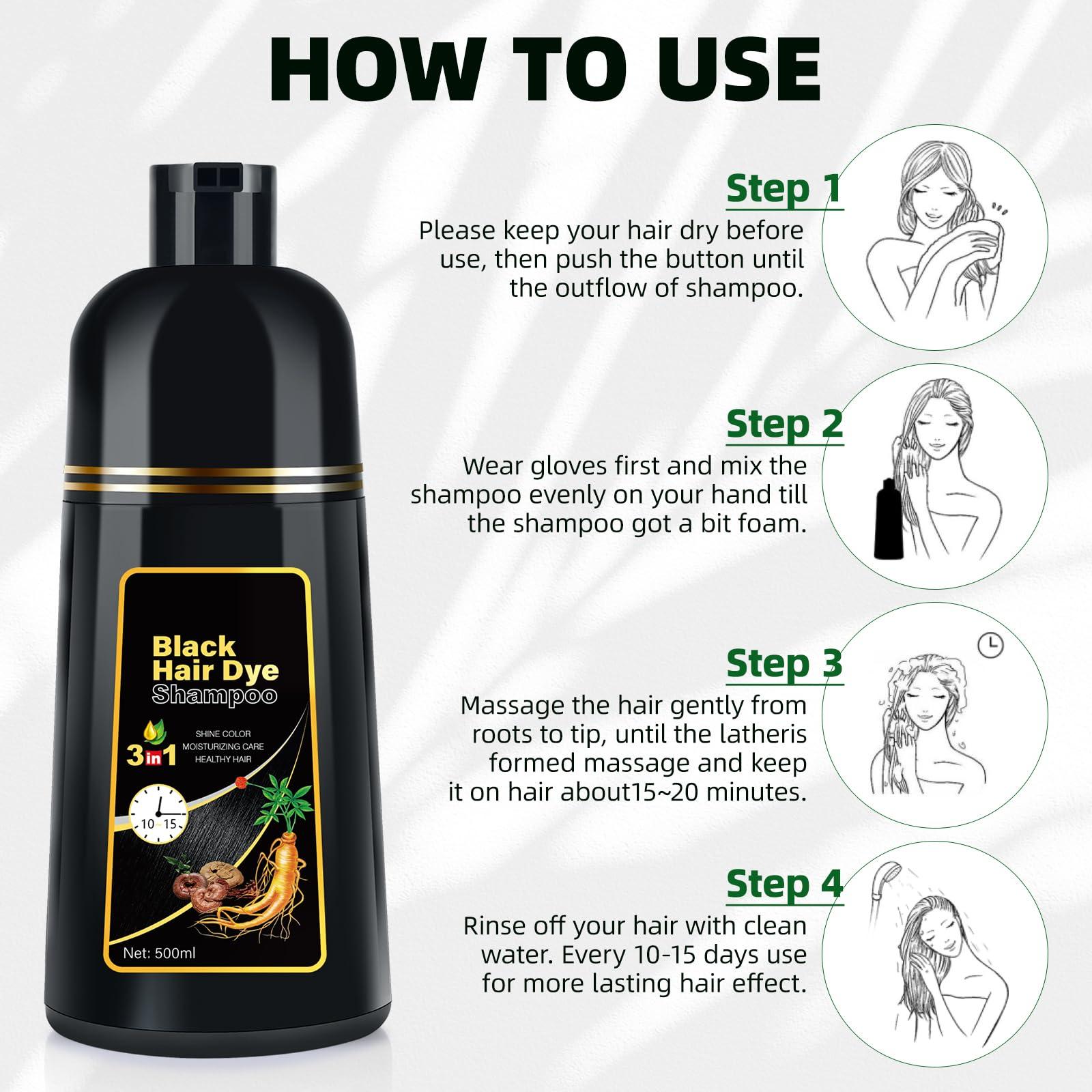 MOISTAR KAISASA Black Hair Dye Shampoo 3 in 1 for Gray Coverag Color Shampoo for Women/Men Instant Herbal Semi Permanent champu para canas