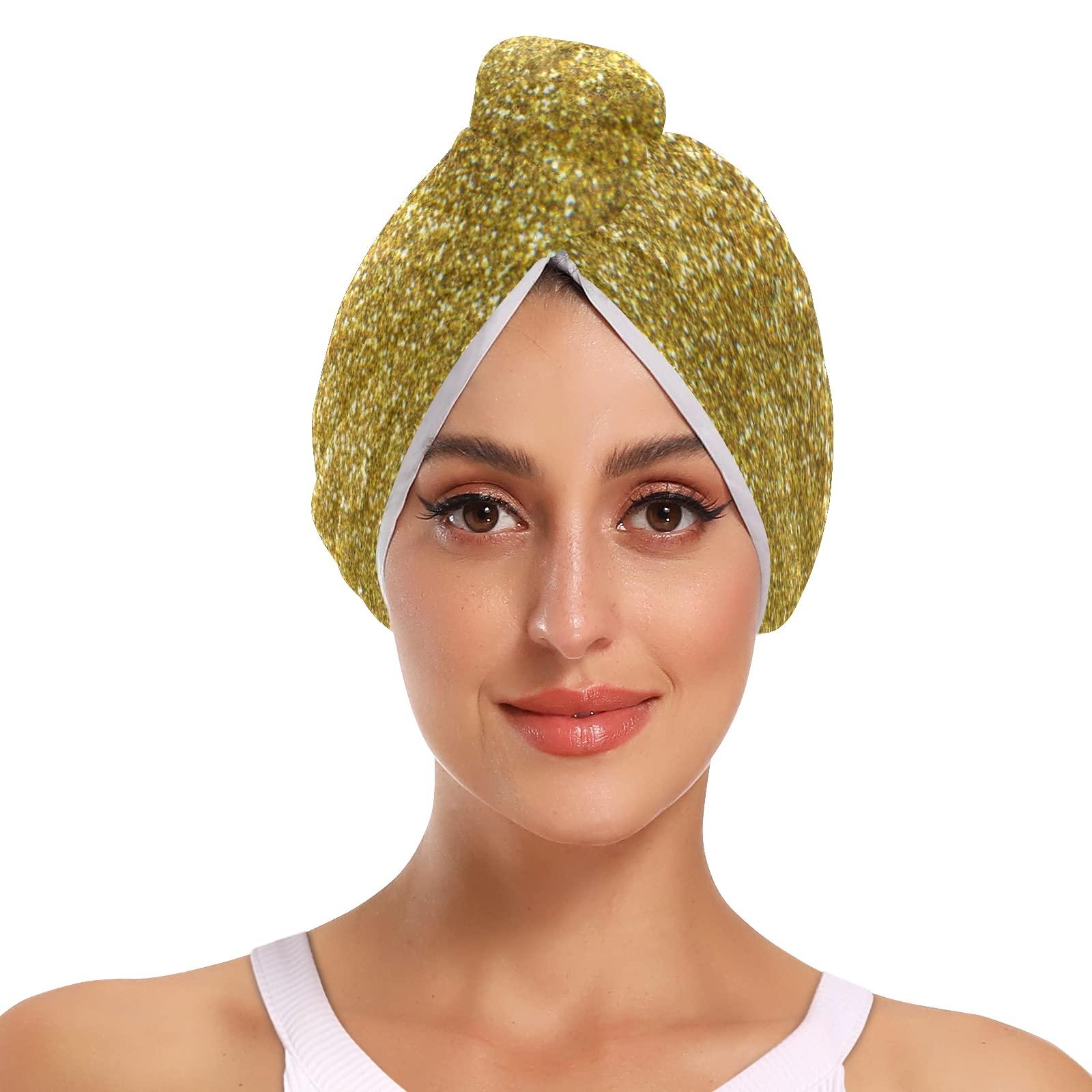 Poeticcity Golden Shiny Gold Glittering Background Yellow Holiday Tinsel 2 Packs Hair Towel Wrap, Absorbent Turban Bath Hair Towel Hat, Quick Drying Hair Towel with Button for Curly, Long, Thick Hair
