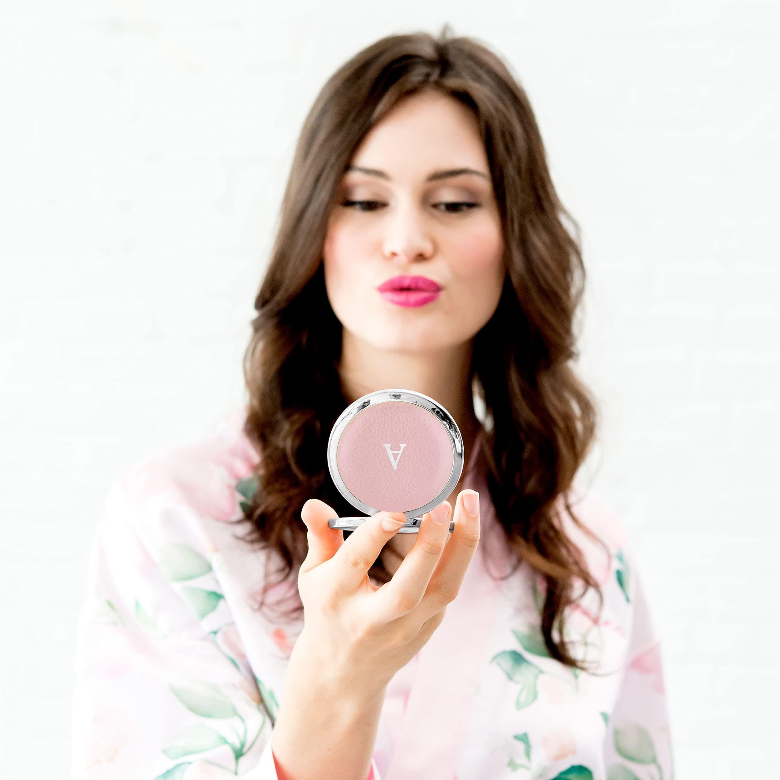 WEDDINGSTAR WEDDINGSTAR Custom Engraved Faux Leather Personalized Compact Mirror, Silver - Initial Monogram