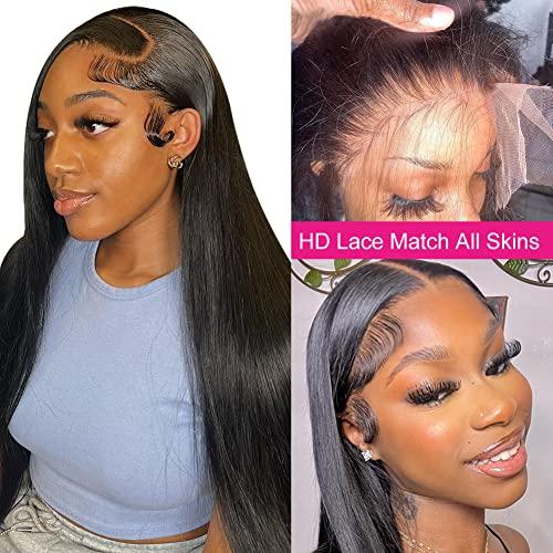 mengkai mengkai 34 Inch Straight Lace Front Wigs Human Hair Pre Plucked Bleach Knots Hairline Glueless 180% Density 134 HD Lace Front Wigs Human Hair Straight Human Hair Wigs for Women with Baby Hair