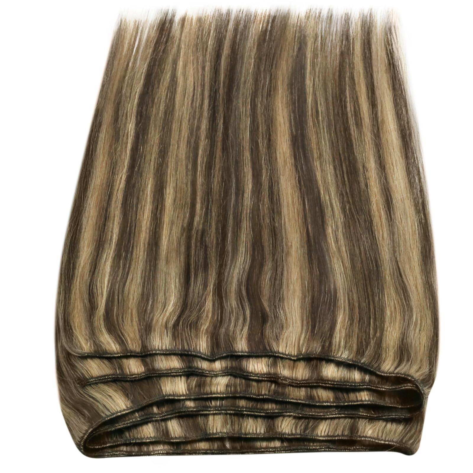 Sunny Hair Sunny Weft Hair Extensions Human Hair Brown Highlights Sew in Hair Extensions Real Human Hair Dark Brown with Caramel Blonde Weft Hair Extensions Thick End 14inch 70g