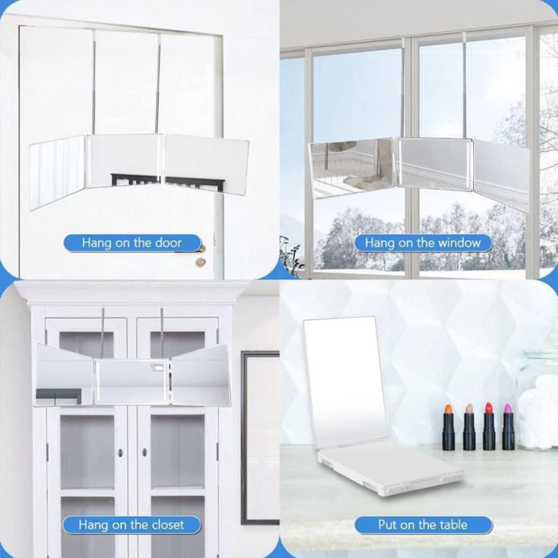 HIEEY HIEEY 3 Way Mirror for Hair Cutting with LED ,360 Trifold Mirror with Height Adjustable Telescoping Hooks,and 5X Magnification Mirror,for Makeup, Hair Styling (White)