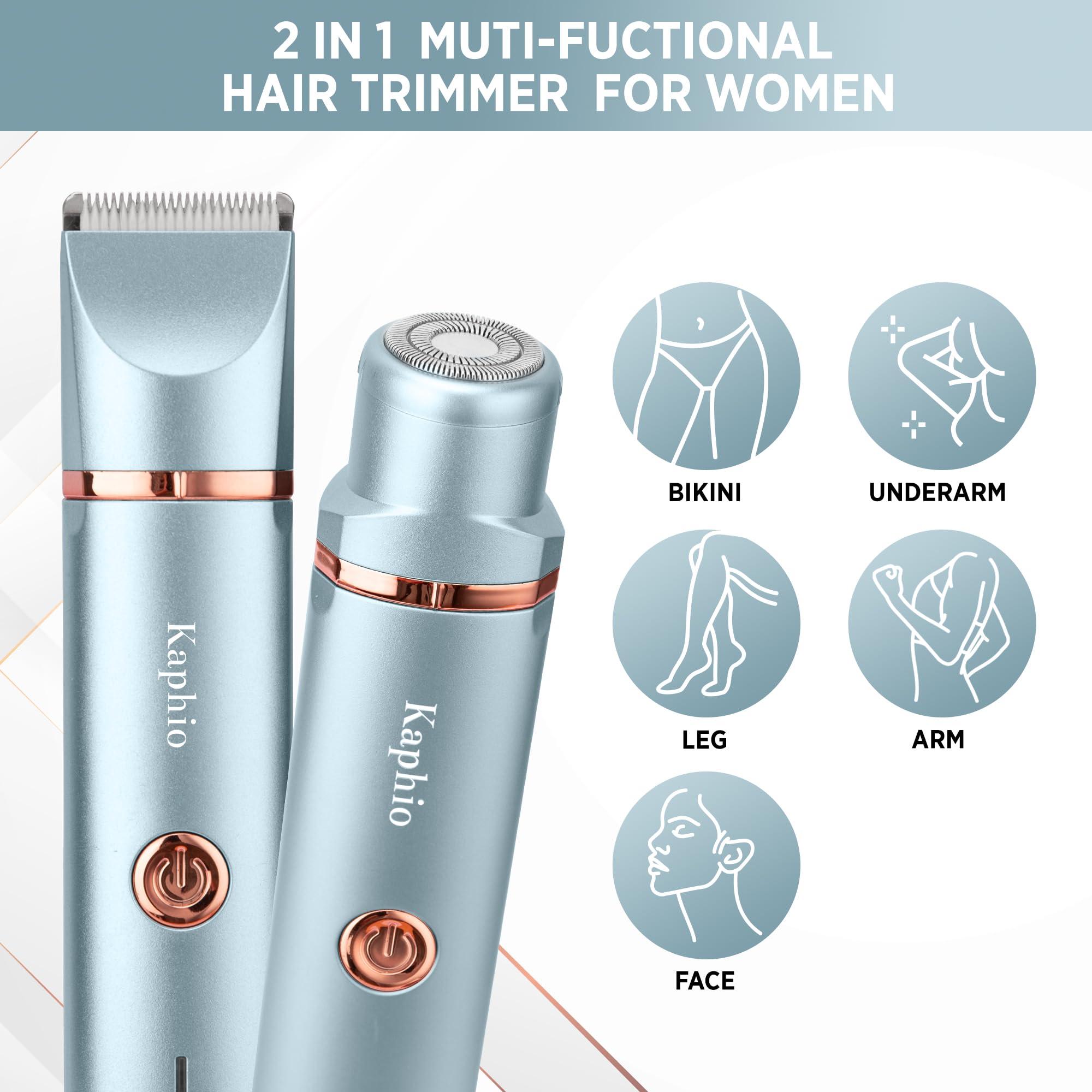 Kaphio Kaphio Electric Bikini Trimer Shaver Women: 2 in 1 IPX7 Waterproof Wet & Dry Use Body Hair Trimmer and Facial Hair Remover - Rechargeable Hair Removal Kit for Bikini Underarm Leg Arm Body Face