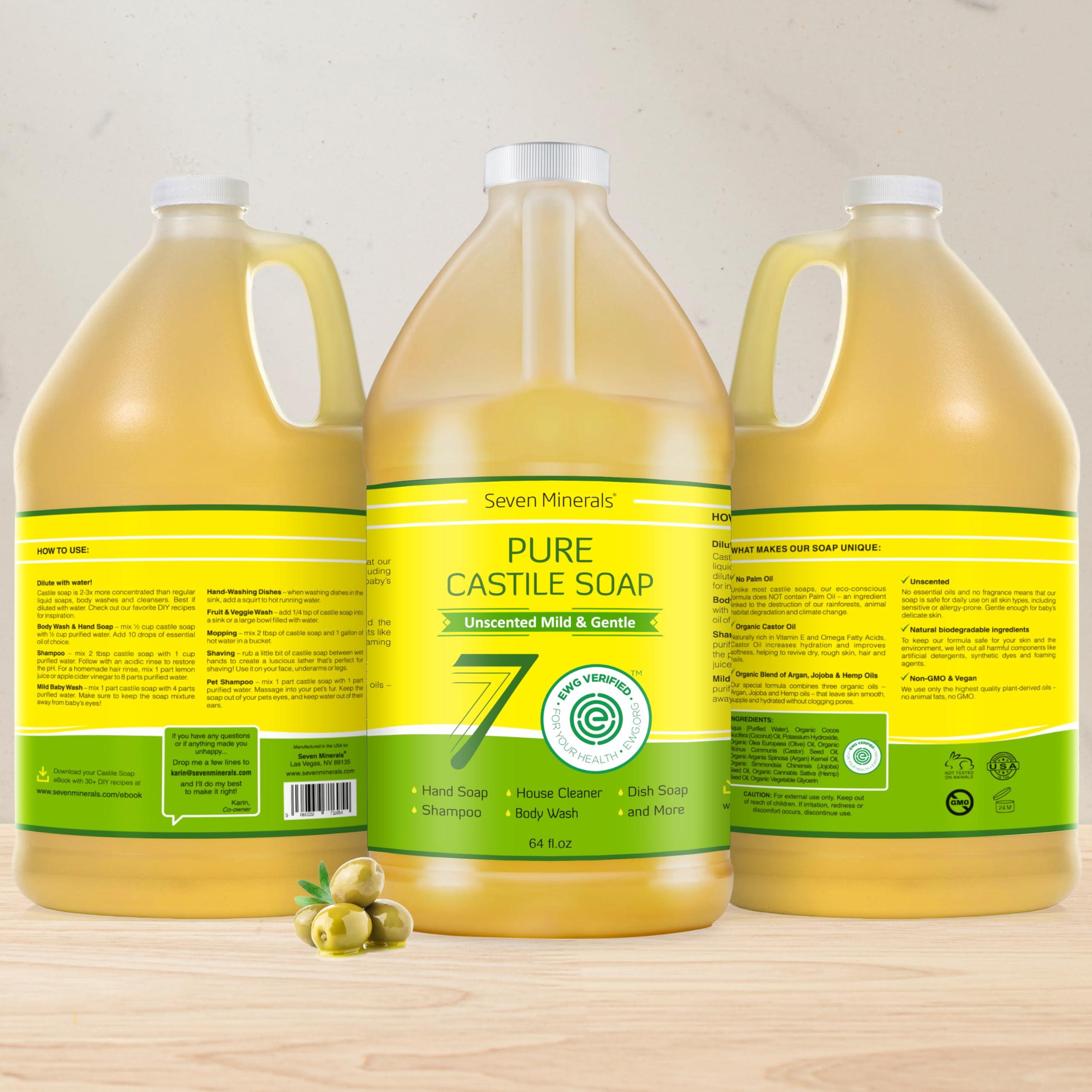 Seven Minerals Pure Castile Soap - No Palm Oil, GMO-Free - Gentle Liquid Soap For Sensitive Skin & Baby Wash - All Natural Vegan Formula with Organic Carrier Oils (64 FL Oz, An Unscented)