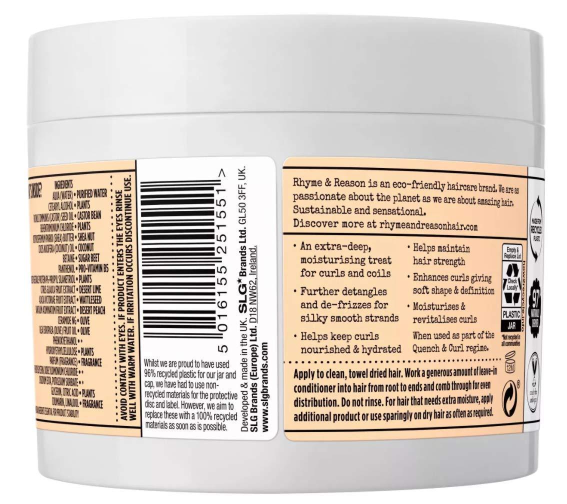 RR Hair Rhyme & Reason Quench and Curl Leave-In Conditioner. 10.8 Fl Oz. For Curly, Coily, and Textured Hair. Blended with Shea Butter, Desert Peach Ceramides. Vegan, Sulfate and Cruelty Free.