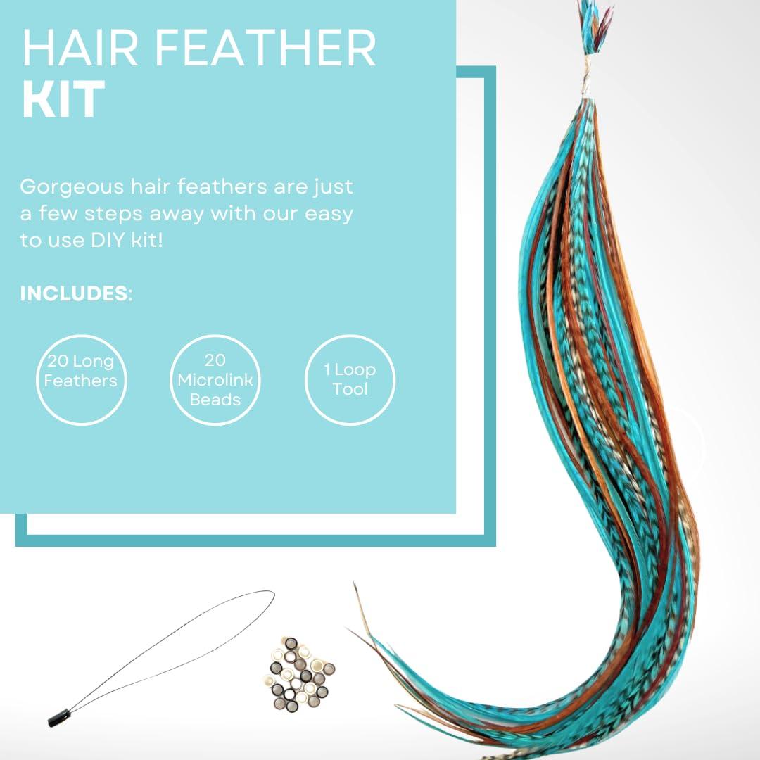 Feather Lily Hair Feathers Extensions Kit, Long Real Rooster Feathers for Hair with DIY Microlink Beads and Loop Tool, Western Turquoise Blue and Brown Naturals