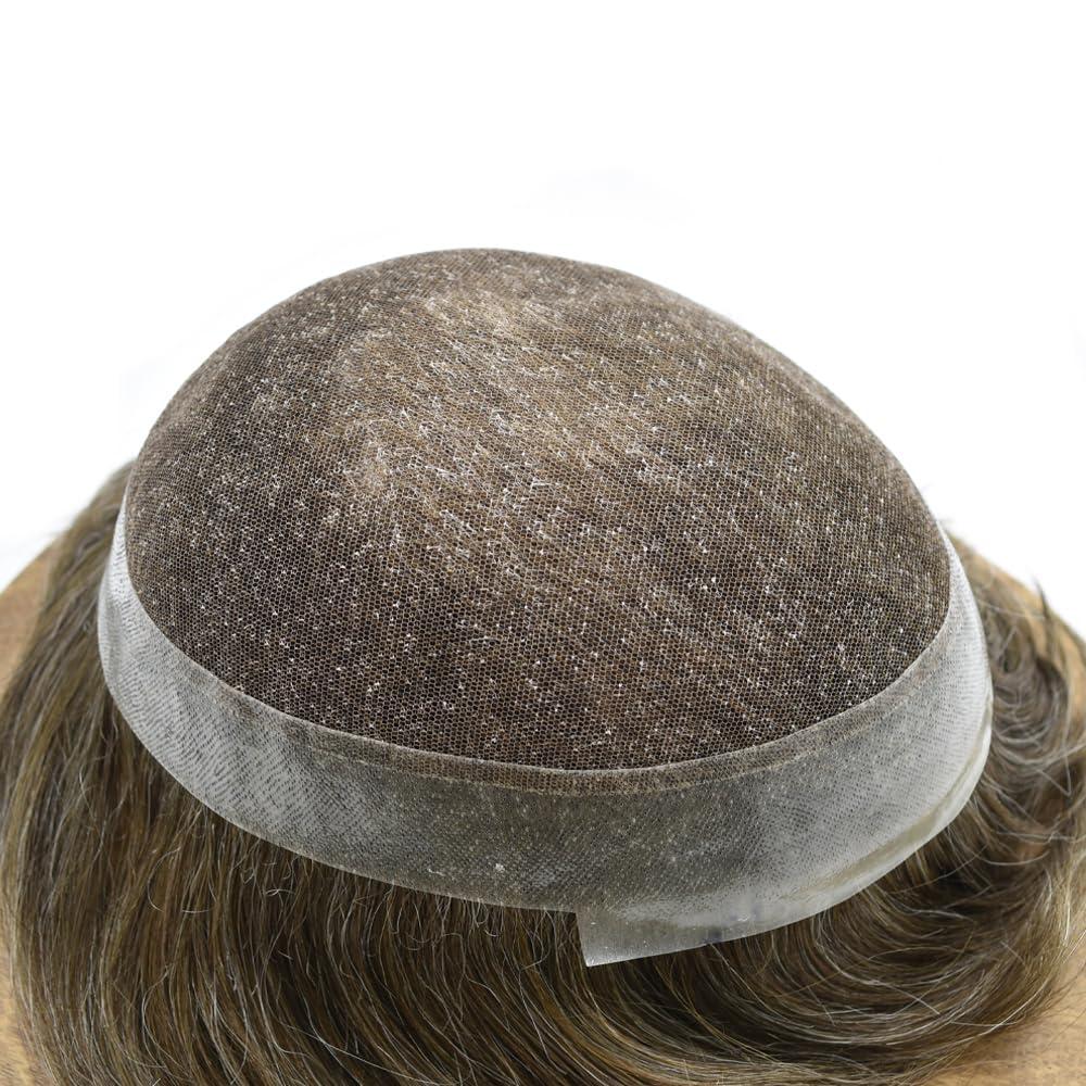 Curve Hair Toupee for men hair replacement System French Lace Mens Toupee Hairpieces Clear Poly Skin Hair Piece Unit wigs for men brown gray 7\"X9\",#510 Light-Med Brown+10% Gray-120% Medium Light to Medium