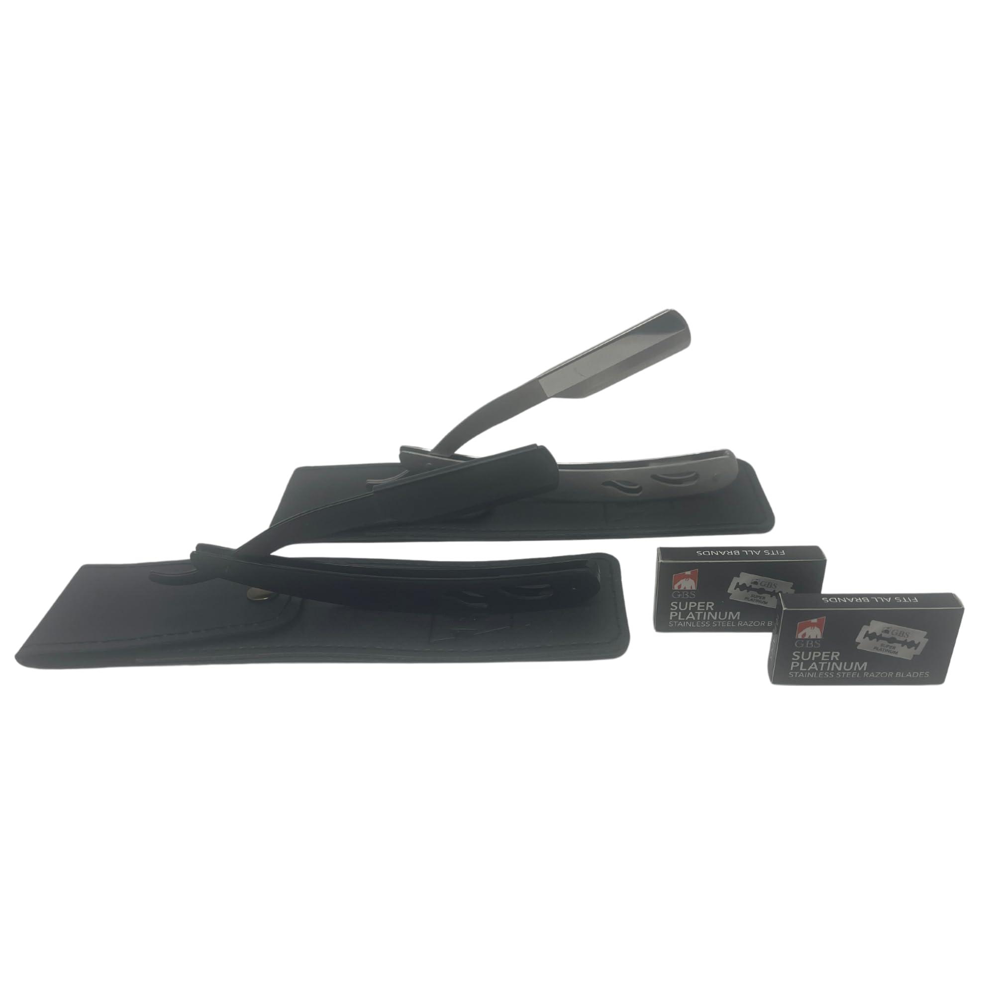 G.B.S G.B.S Barber Straight Edge Interchangeable Razor Shavette - Chrome & Black Stainless Steel Razors with Travel Cases & 20 Refill Blades (Pack of 2)