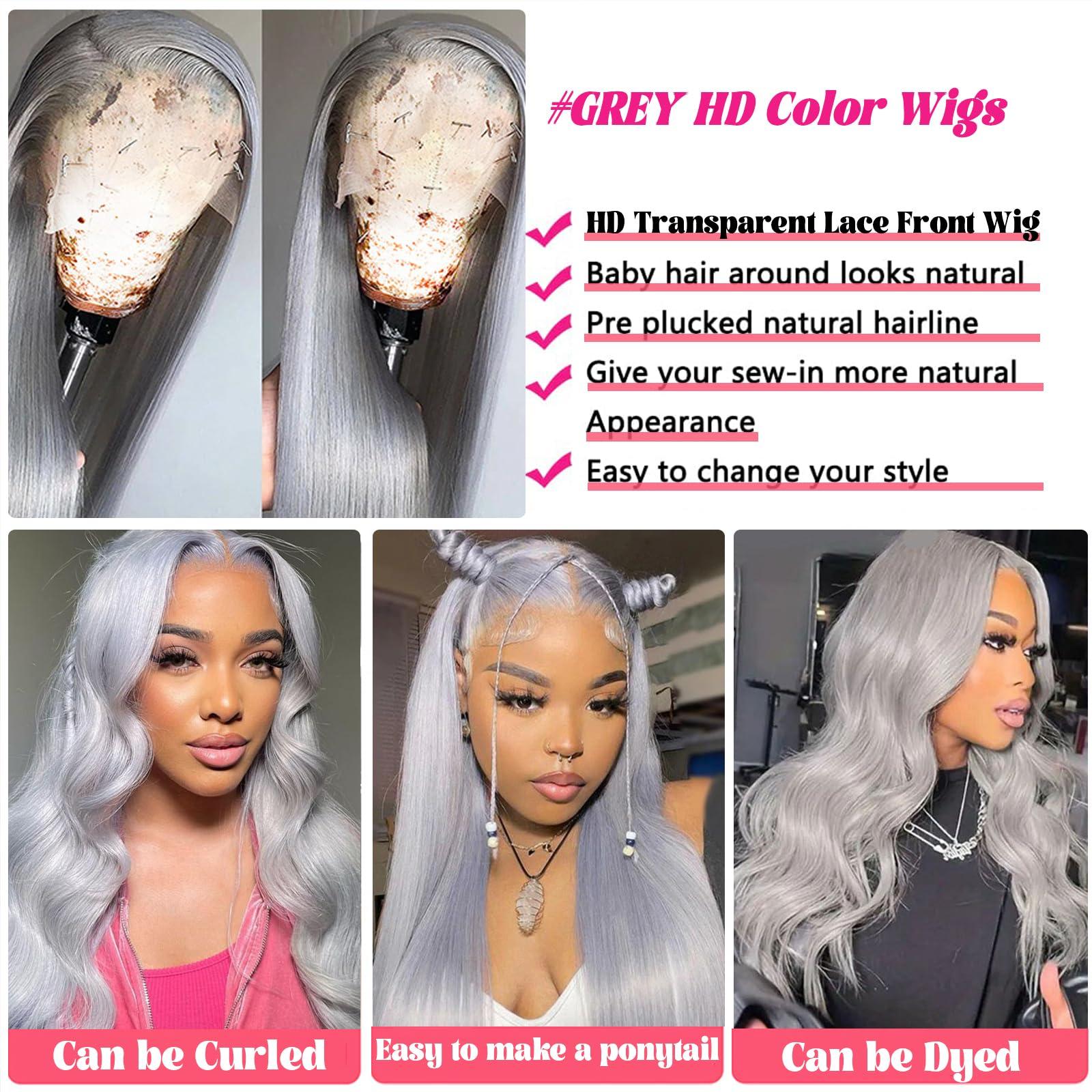 Smavida Grey Lace Front Wigs Human Hair Grey Silver Human Hair Wigs Straight 150 Density Pre Plucked with Baby Hair 134 HD Transparent Silver Lace Frontal Wig Glueless Lace Front Wigs for Women