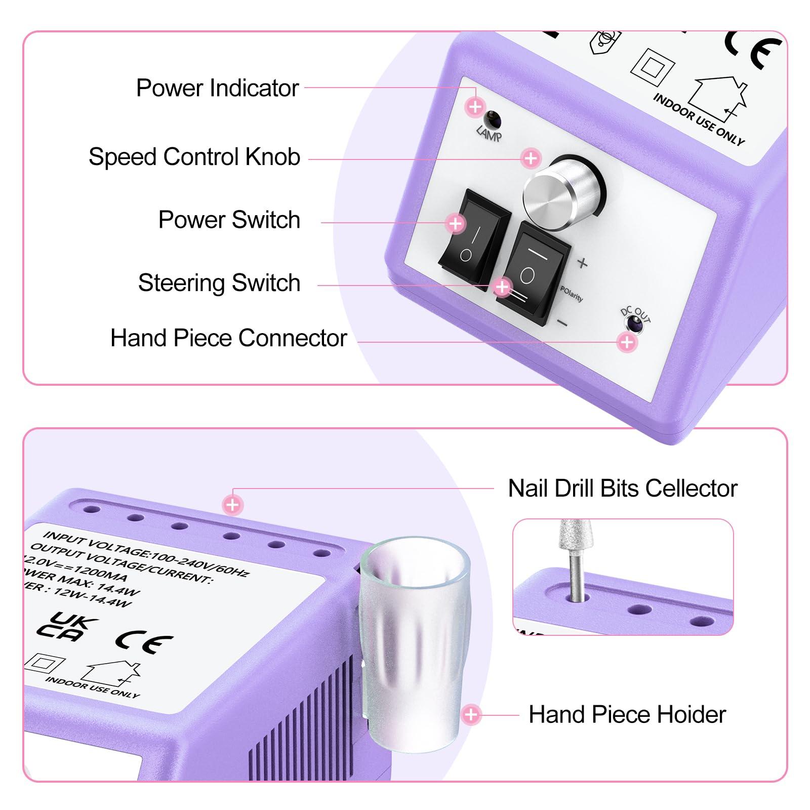 JIASHENG JIASHENG Professional Nail Drill, 20000rpm Electric Nail Drill Machine, Electric Nail File Drills for Acrylic Nails Gel Nails Manicure Pedicure Tools for Salon Use, Violet