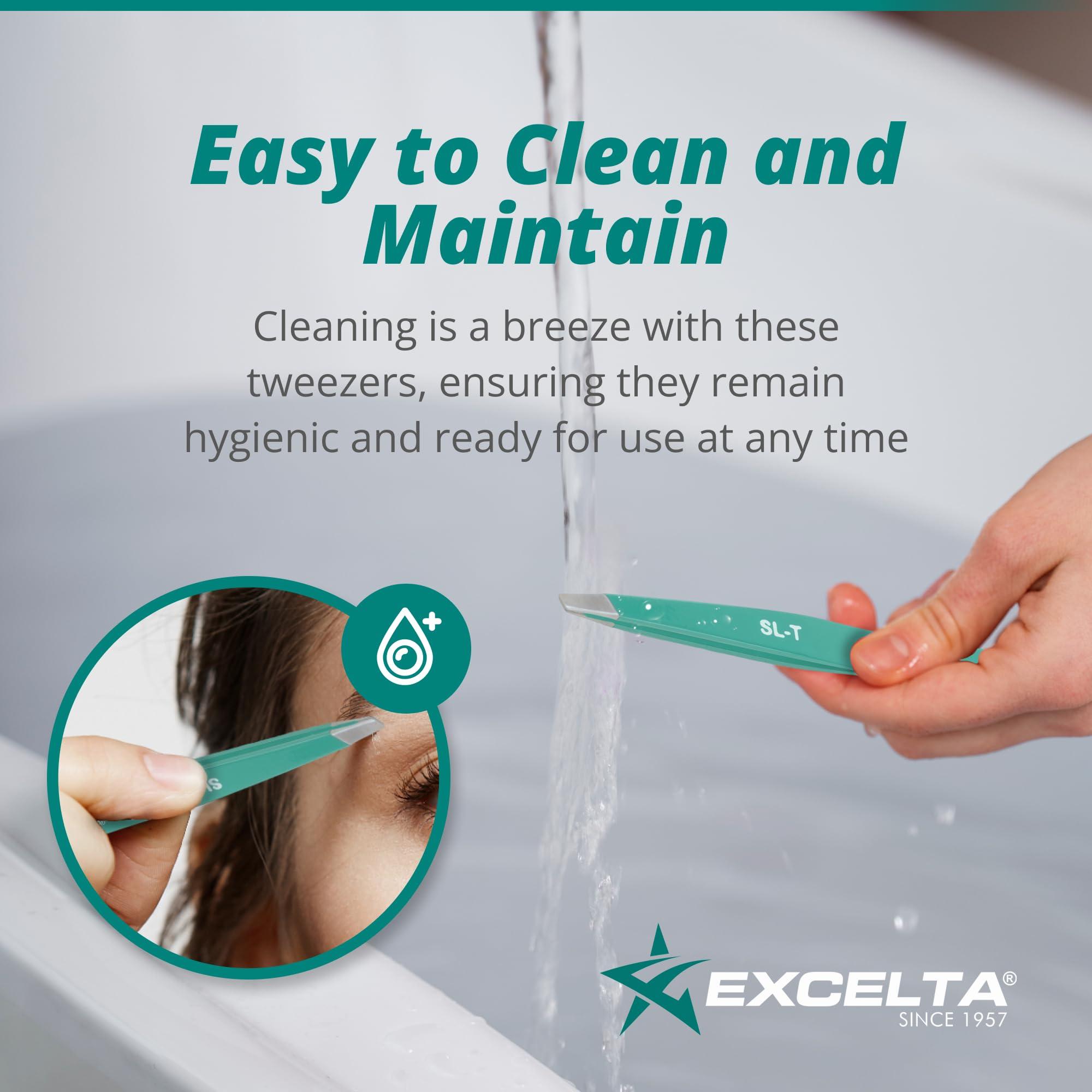 Excelta Excelta Eyebrow Tweezers, Precision Aligned Slant Tip, Ergonomic Design for Comfort and Control, Ideal for Plucking Ingrown Hairs and Splinters From the Root, Durable & Sturdy Carbon Steel, Swiss Made