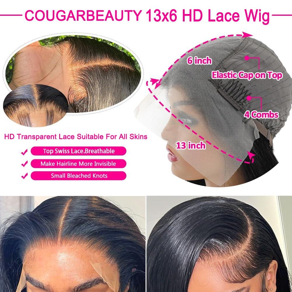 COUGARBEAUTY COUGARBEAUTY 24 Inch Lace Front Wig Human Hair Straight HD Lace Frontal Wig Human Hair 13x6 200 Density Glueless Wigs Human Hair Pre Plucked with Baby Hair for Women Natural Black Human Hair Wig