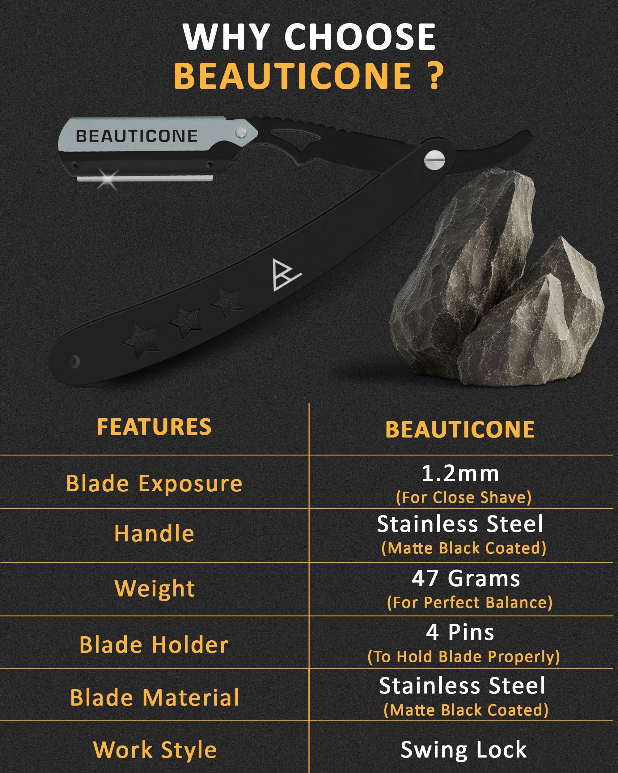 BEAUTICONE Straight Edge Razor for Men, Professional Straight Blade Men's Razors, Barber Shaving Knife for Beard, Single Edge Cutthroat Stainless Steel Razor (SwingLock)