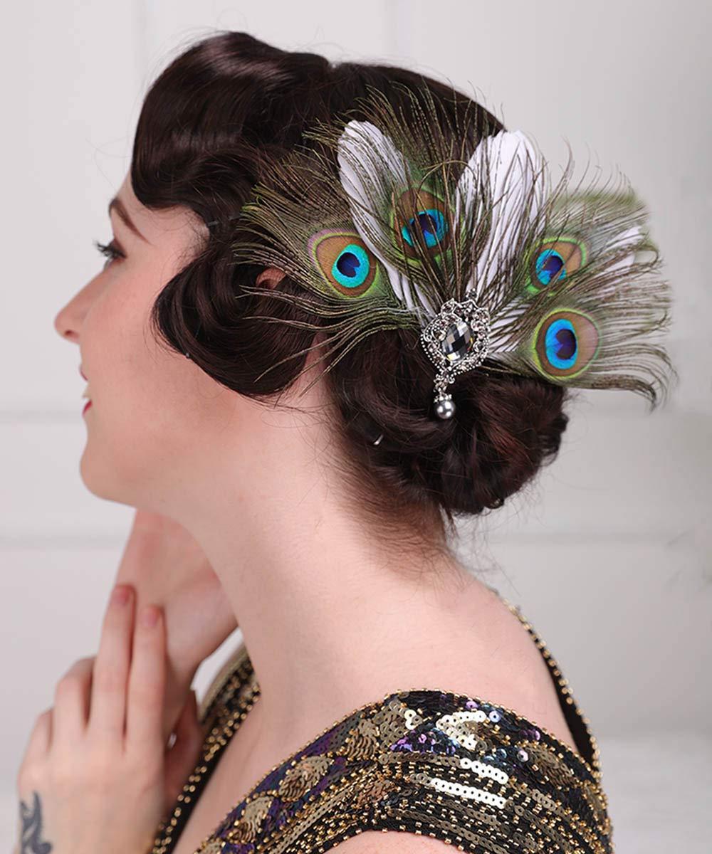 Aimimier Aimimier 1920s Flapper Peacock Feather Hair Clip Headpiece Vintage Roaring 20s Masquerade Hair Accessories for Women