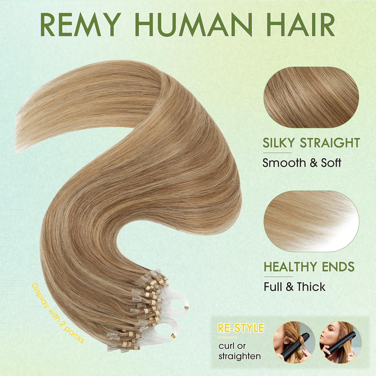 Hairro Hairro Micro Ring Hair Extensions Micro Link Human Hair Micro Beads Remy Hair Micro Loop Pre Bonded Cold Fusion I Tip Hairpiece For Women 14 inch 50g 100 Strands #12P613 Golden Brown Mix Bleach Blonde