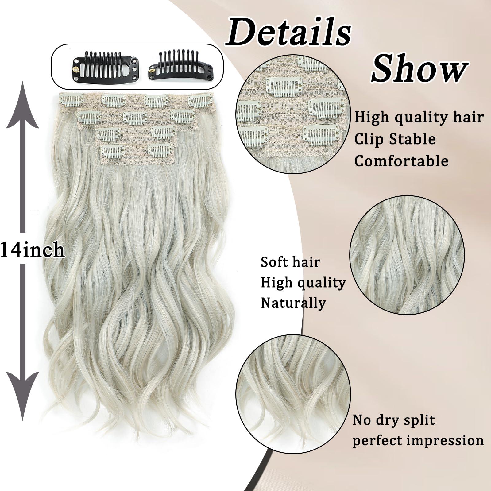 WOMWOM Clip in Hair Extensions, 14 Inch Hair Extensions Clip Ins 4 Pcs Synthetic Curly Wavy Hair Extensions Long Thick Clip on Hair Extensions Hairpieces (Platinum Blonde)