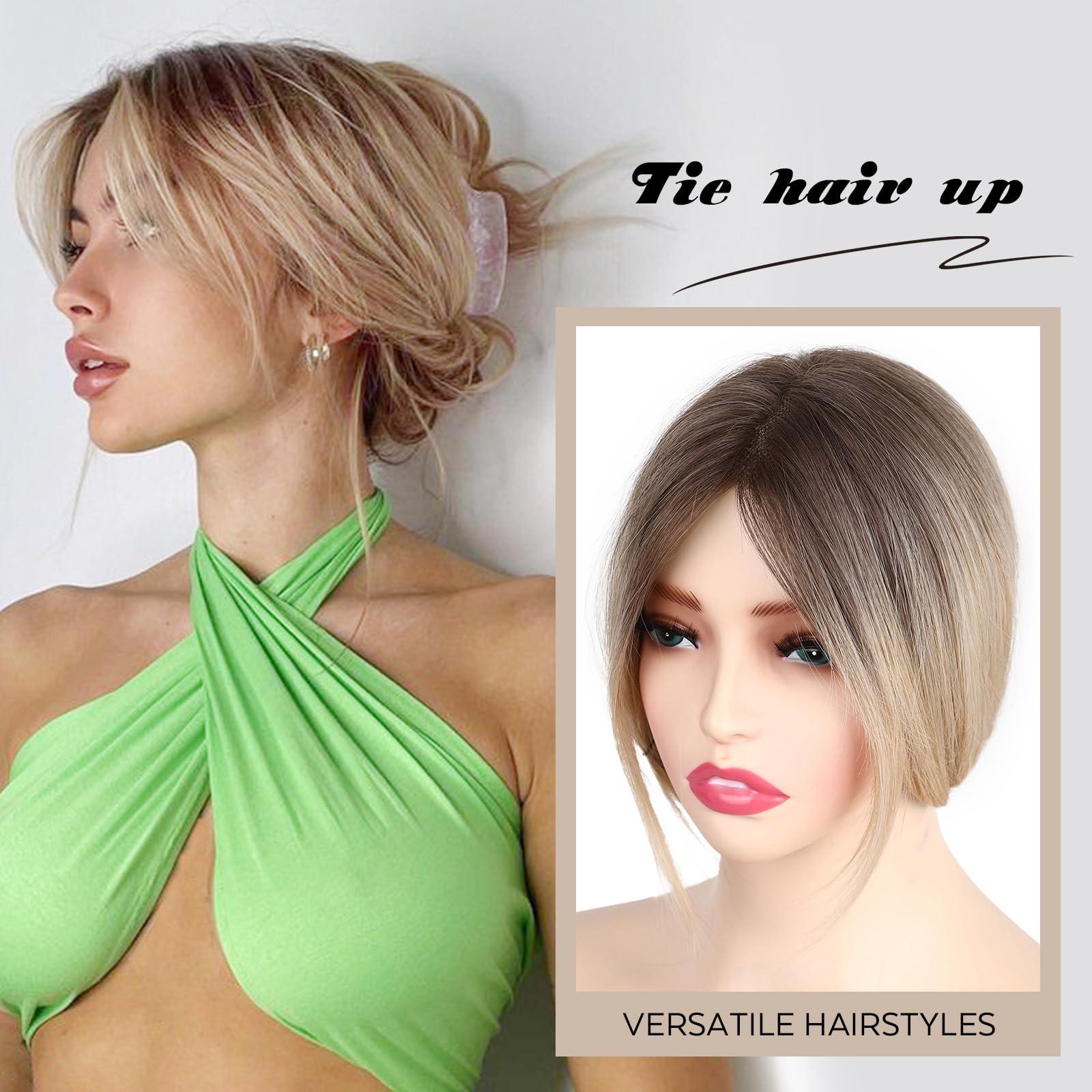 WIGNEE WIGNEE 14 Inches Ombre Blonde Hair Toppers Swiss Lace Hair Topper with Curtain Bangs Toppers Hair Pieces for Women Kanekalon Hair Toppers for Thinning Hair Natural Looking Hair Toppers for Women