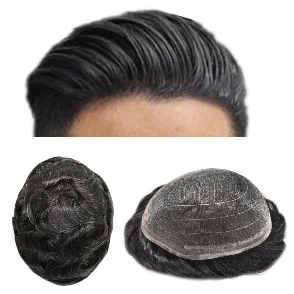 Healthlif Healthlif Fine Welded Lace Hair Toupee For Men Virgin Human Hair System For Men Real Hairline Men's Toupee Durable Mens Hairpiece Protesis Capilar Hombre 8X10#1B10#1B Off Black+10% Grey 100% Density