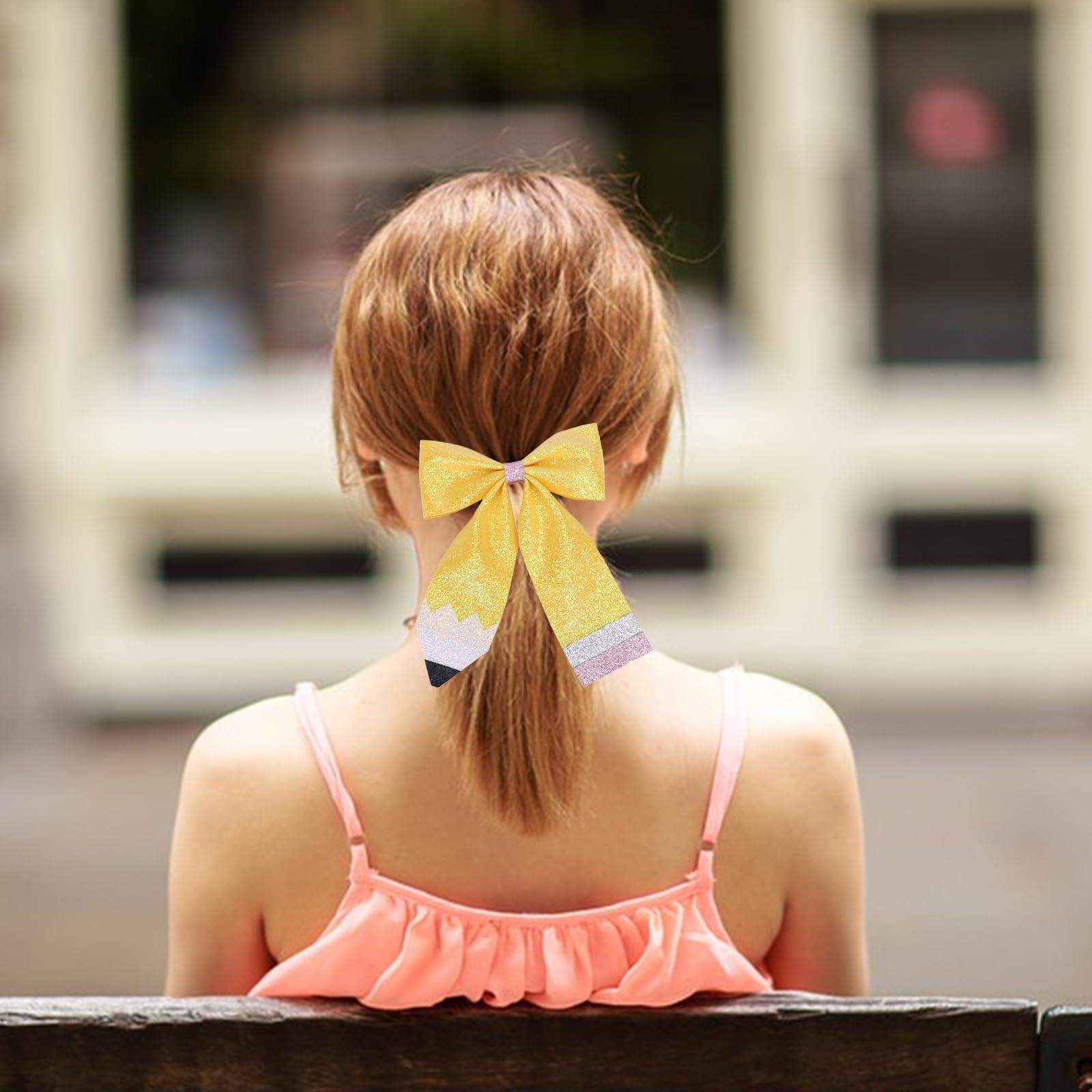 HOXIEYA Yellow Pencil Bows Hair Clip Back to School Hair Bows Clips Cheer Hair Accessories for Women Toddler Teen Girls Teachers Students Hair Clip Party Outfit Decoration(B-Medium -1pcs)