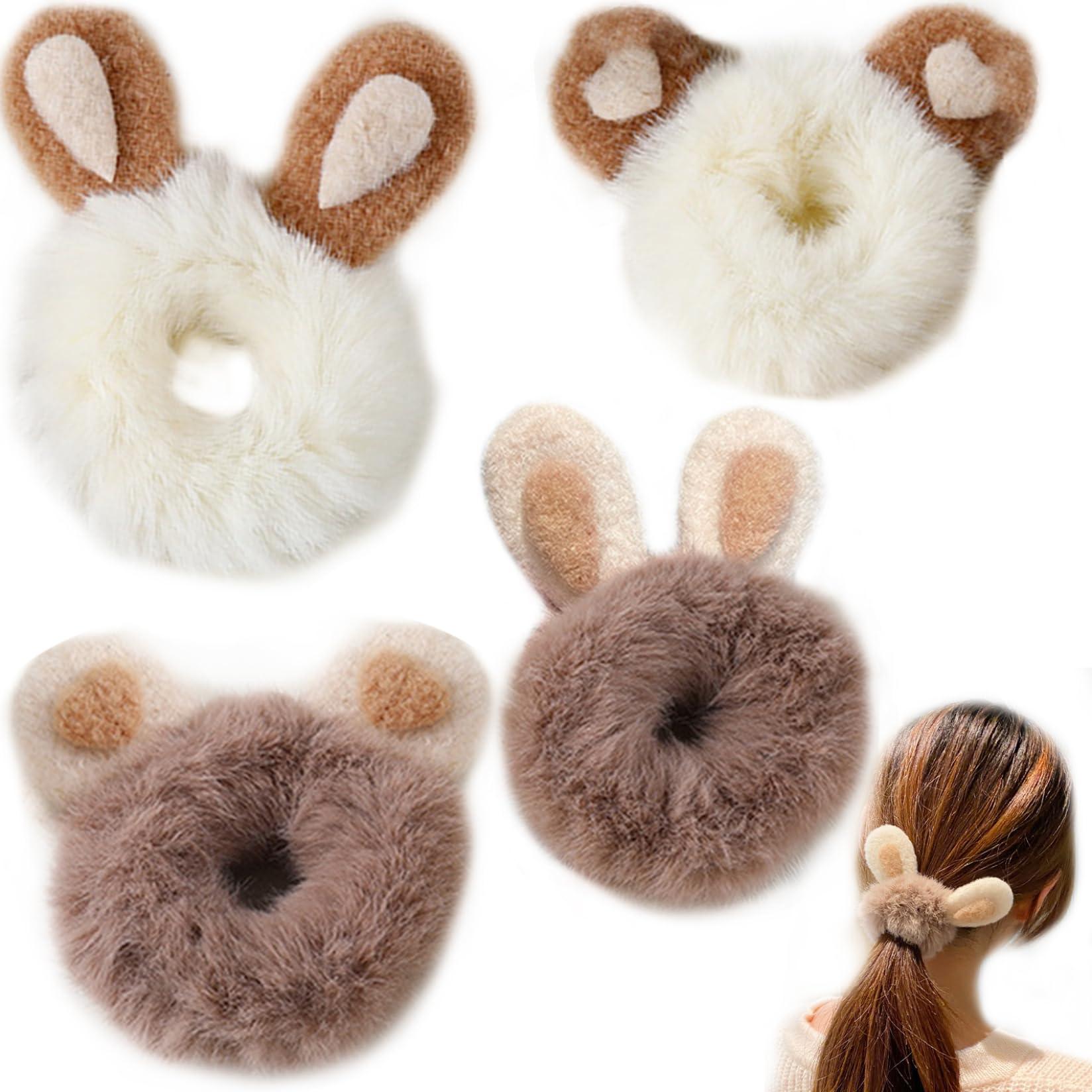 Hperu 4PCS Cute Scrunchies,Scrunchies for Girls Elastic Fluffy Scrunchies Rabbit/Bear Ear Cute Scrunchies Plush Fluffy Hair Ties Portable Thick Hair Bobbles