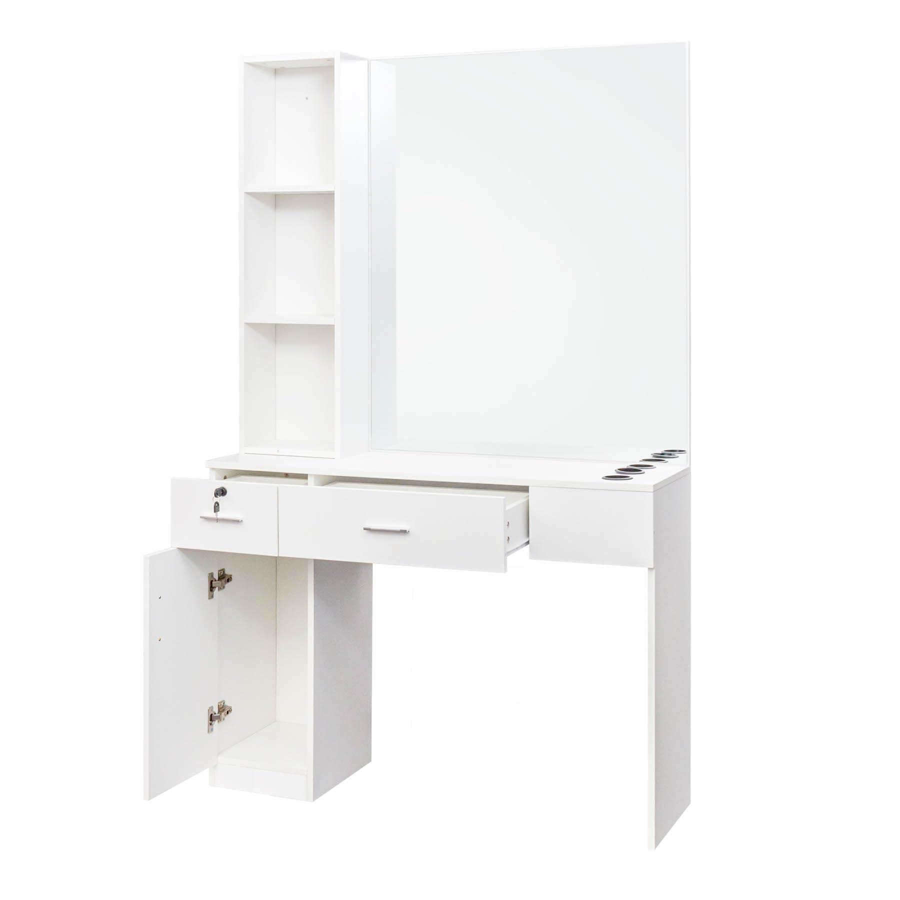 RIDFY Barber Station with Mirror, Hair Salon Stations for Hair Stylist with 3 Hair Dryer Rack, Beauty Spa Furniture Equipped with 3-Storage Shelf, Cabinet, 2 Lockable Drawers, (White)