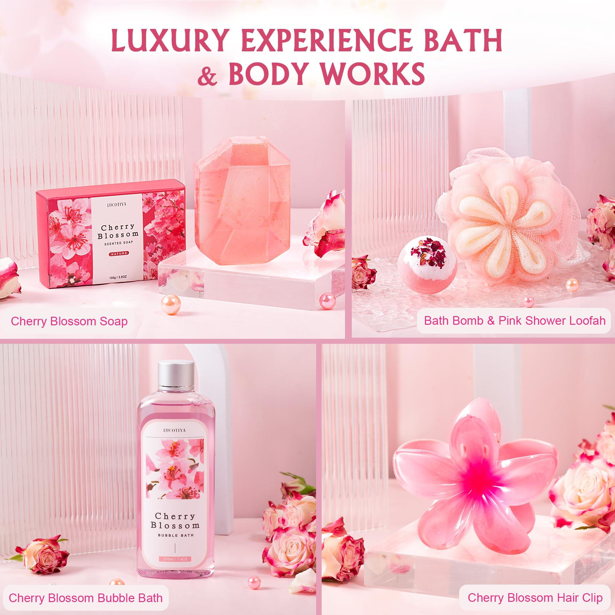 LUCOTIYA Gifts for Women Birthday Gifts, Bath and Spa Gift Set- 10 Pcs Christmas Valentine\'s Mother\'s Day Gifts and Cherry Blossoms Self Care Package Gift Women, Relaxing Gift Basket