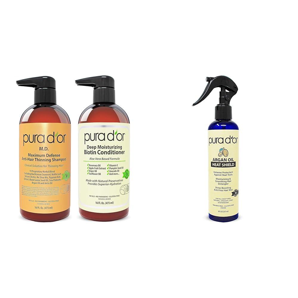 PURA D\'OR PURA D\'OR Anti-Thinning Biotin Shampoo & Conditioner Set & Argan Oil Heat Shield Protectant Spray (8oz) Water Based Formula w/Organic Ingredients, Protects Up To 450 F From Flat Iron & Hot Blow Dry