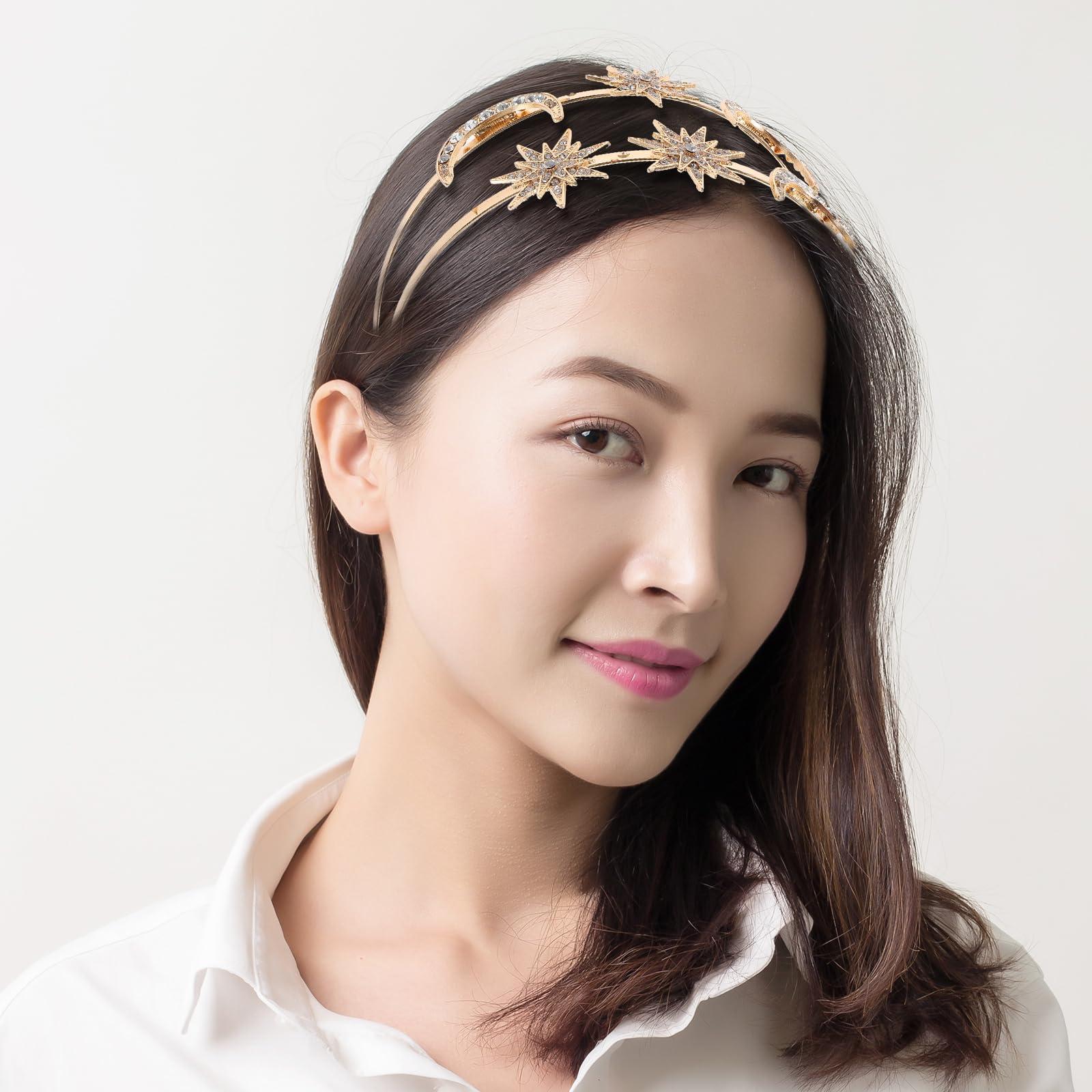 LUOZZY LUOZZY Star and Moon Headband Goddess Crown Headdress Double Layer Rhinestone Headpiece Party Supplies - Golden