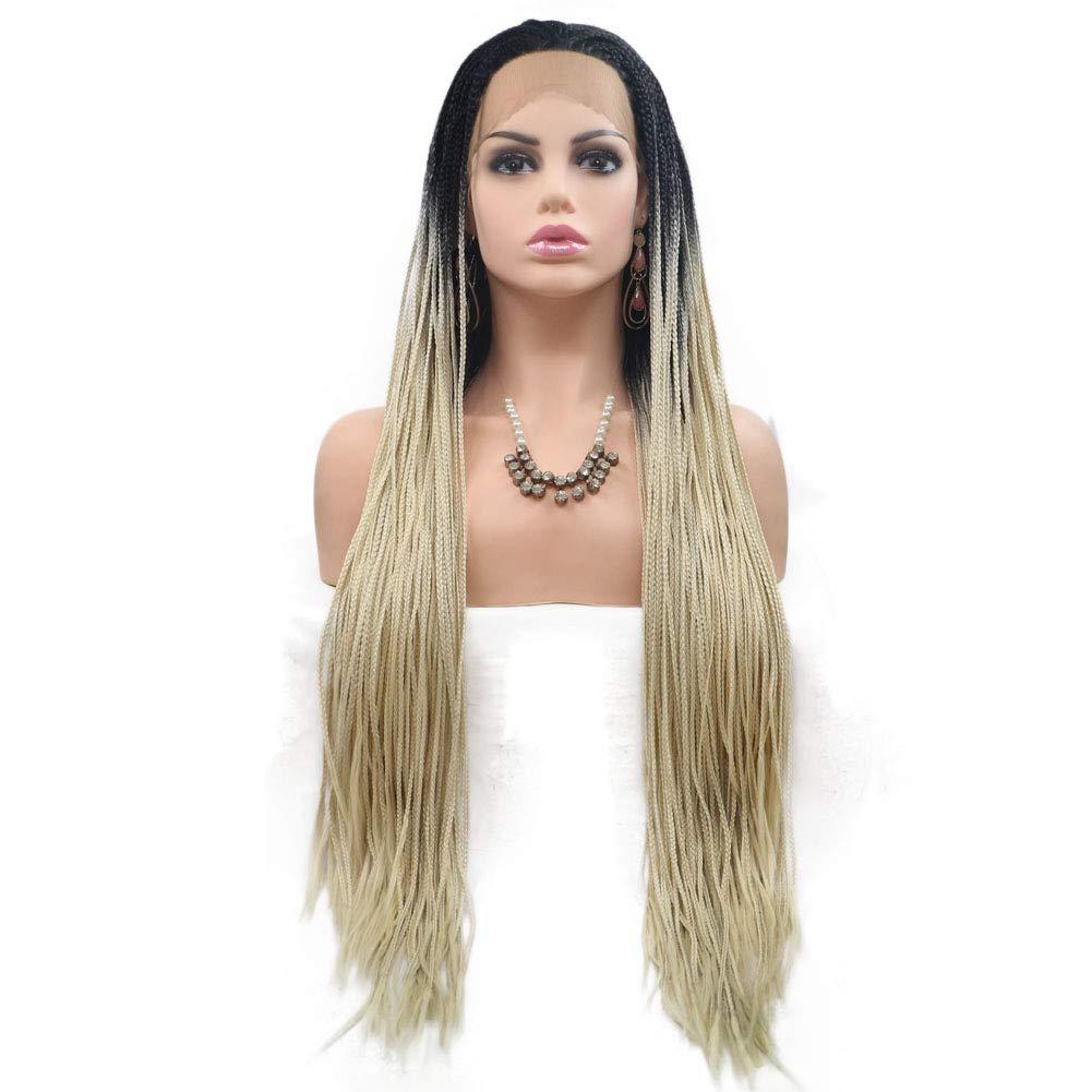 Kalisa Ombre Blonde Wigs Long Braids Lace Front Wigs Synthetic Braided Hairstyle Black to Blonde Color Braided Wigs Hand Tied Heat Resistant Fiber Wigs with Baby Hair