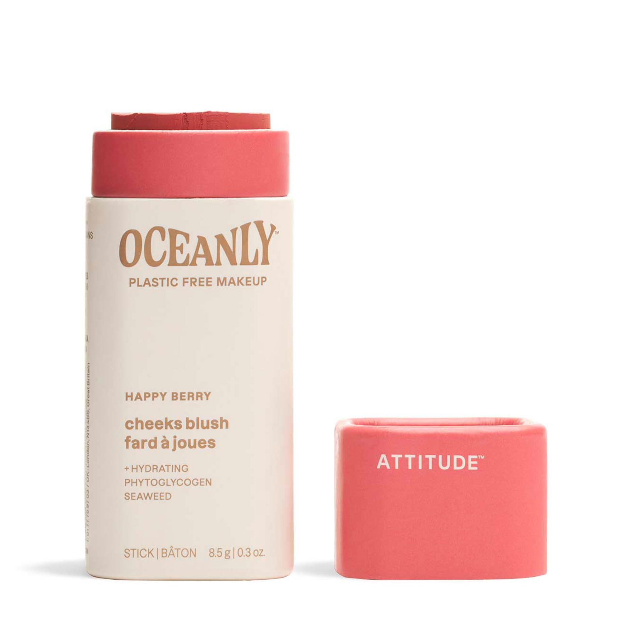 ATTITUDE ATTITUDE Oceanly Plastic-Free Lightweight Blush Stick, Titanium Dioxide-Free, EWG Verified, Vegan & Cruelty-free Makeup, Happy Berry, 0.3 Ounces
