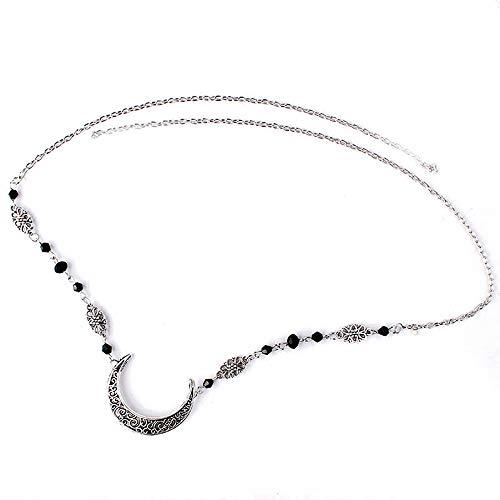 Doubnine Doubnine Crescent Moon Drop Pendant Tassels Bronze Head Chain Black Beads Headband Retro Natural Stone Crystal Hair Accessories Headpiece for Women Bride Wedding (silver)